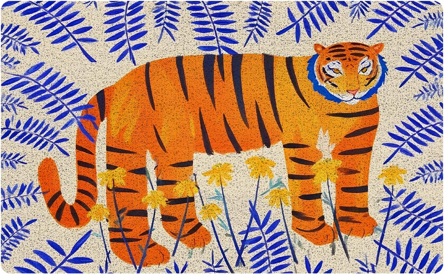 Boho Tiger Door Mat, Abstract Blue and Orange Tiger Botanical Floral Doormat Welcome Mats for Front Door Porch Outdoor Outside Entrance, Boho Bath Rug for Bathroom, 17x30 Inch
