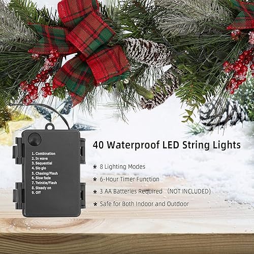 Miniatura 5 de Guirnalda de Navidad de 9 pies con luces, vid artificial de Navidad con decoración clásica verde y roja, guirnalda de Navidad preiluminada para