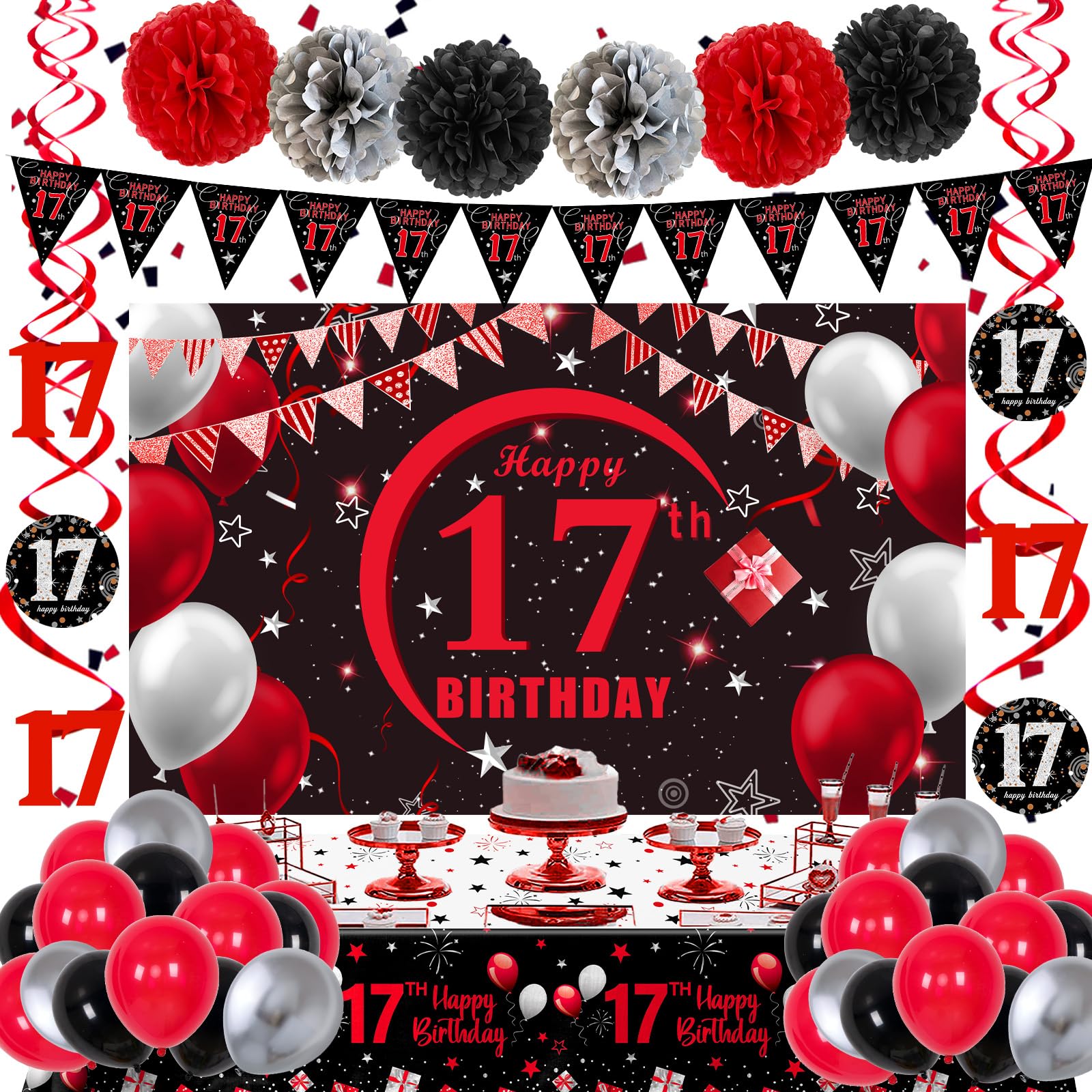 17th Birthday Decorations for Boys Girls Red and Black, Happy 17th Birthday Backdrop Banner, 17 Birthday Party Decoration Tablecloth Balloons Triangle