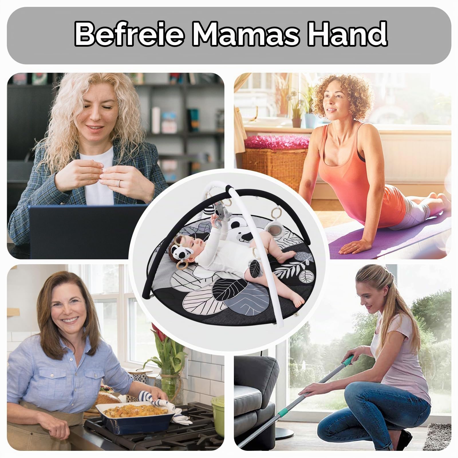 4 IN 1 Spielbogen Baby, Schwarz und weiß Spielmatte Babies mit 5 abnehmbaren Spielzeugen zum Greifen, für 0-3-6-12-36 Monaten