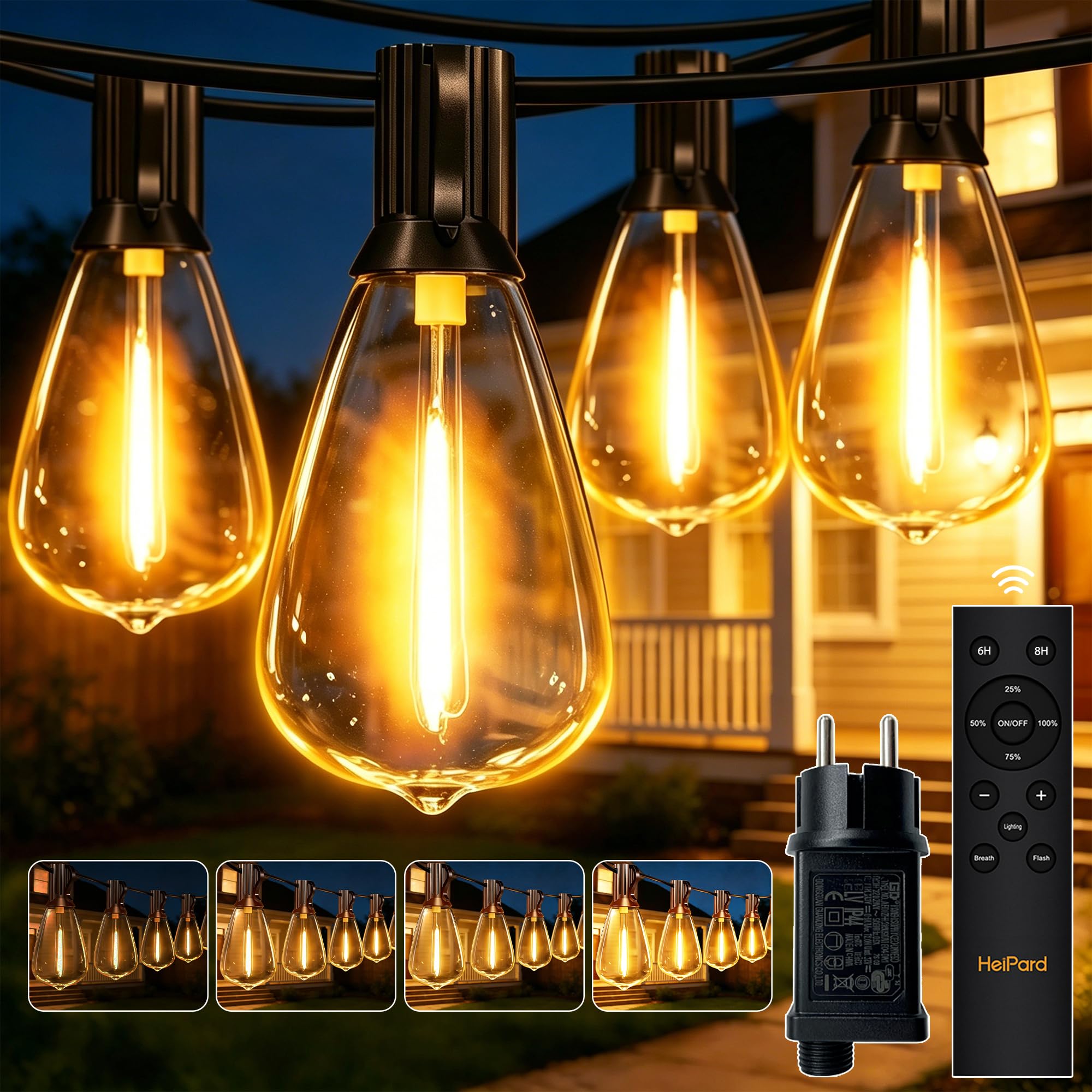 HeiPard Catena luminosa a LED per esterni, 20m, 30+2 ST38, con telecomando, timer e dimmerabile, impermeabile per giardino, gazebo, terrazza, balcone, matrimoni, feste