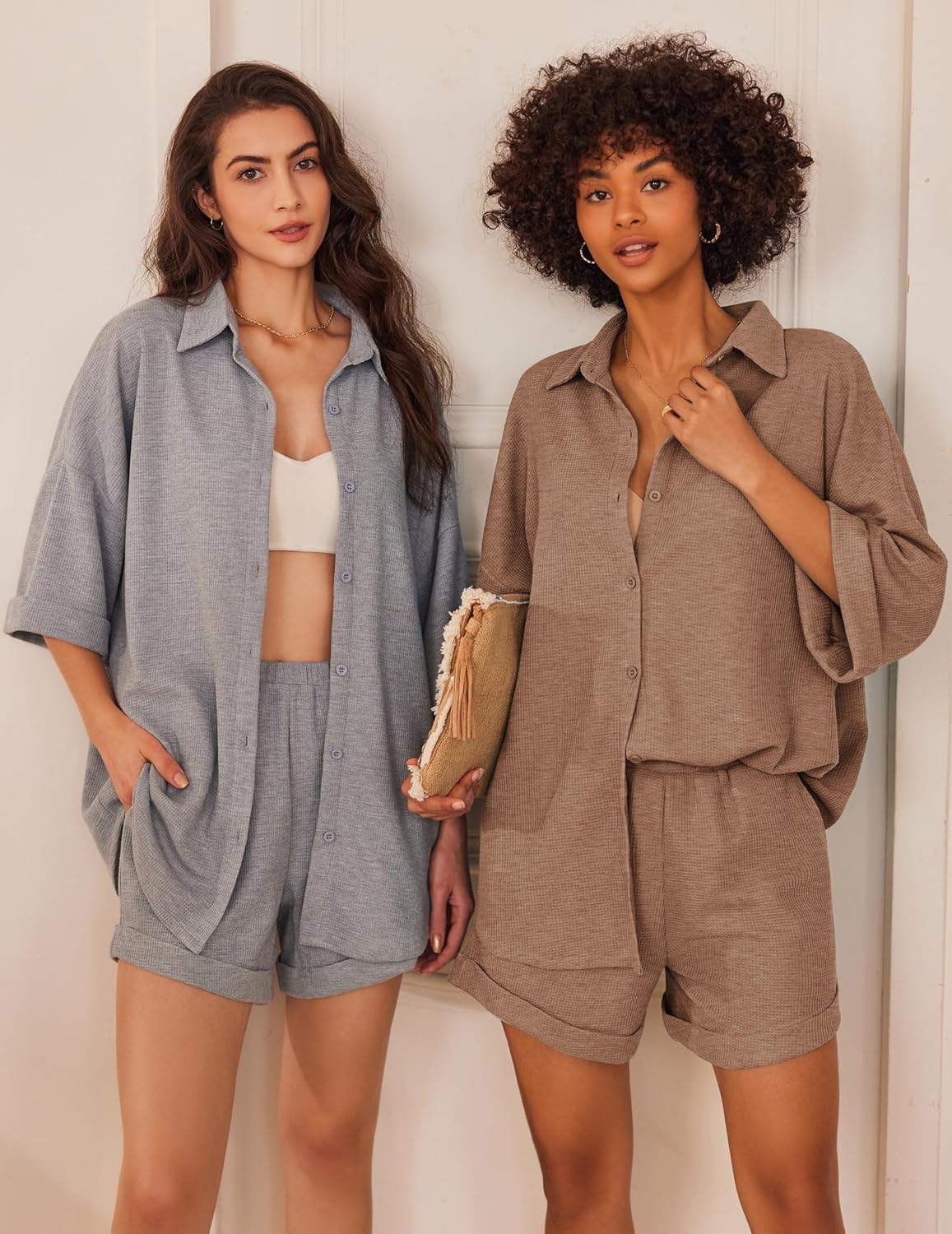 Ekouaer Waffle Knit Lounge Sets for Women Short Sleeve Pajamas Button Down Pjs Oversized Loungewear Shorts Set - Image 5