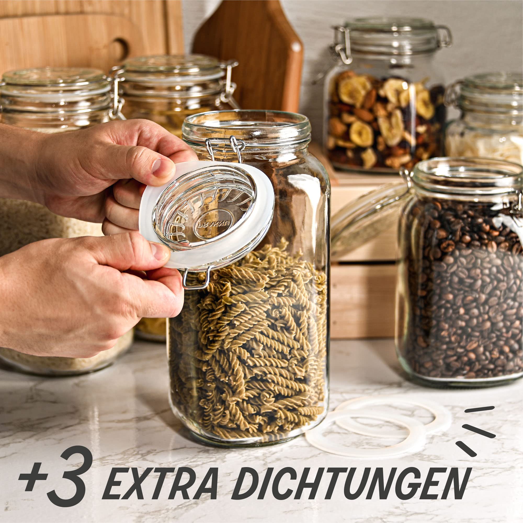 Praknu 6 Einmachgläser mit Bügelverschluss Groß 2l - Mit Etiketten, Stift und extra Silikondichtungen - Platzsparend durch eckige Form - Spülmaschinenfest