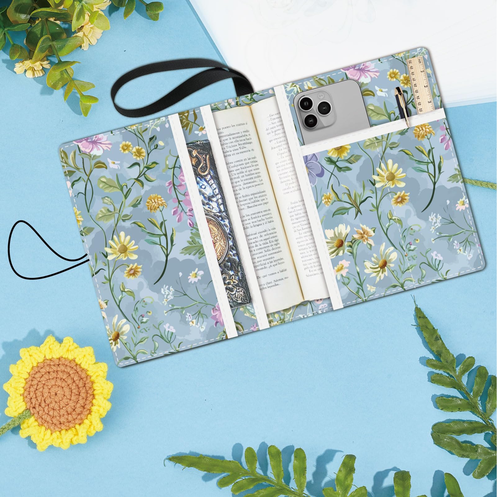 CRASPIRE Flower Book Covers Plant Book Protector Greyish Blue Multilayer Book Sleeve for Paperbacks Washable Fabric Cloth Book Cover with Extra Sleeve Pocket for Book Lovers Classmate Gifts - Image 4