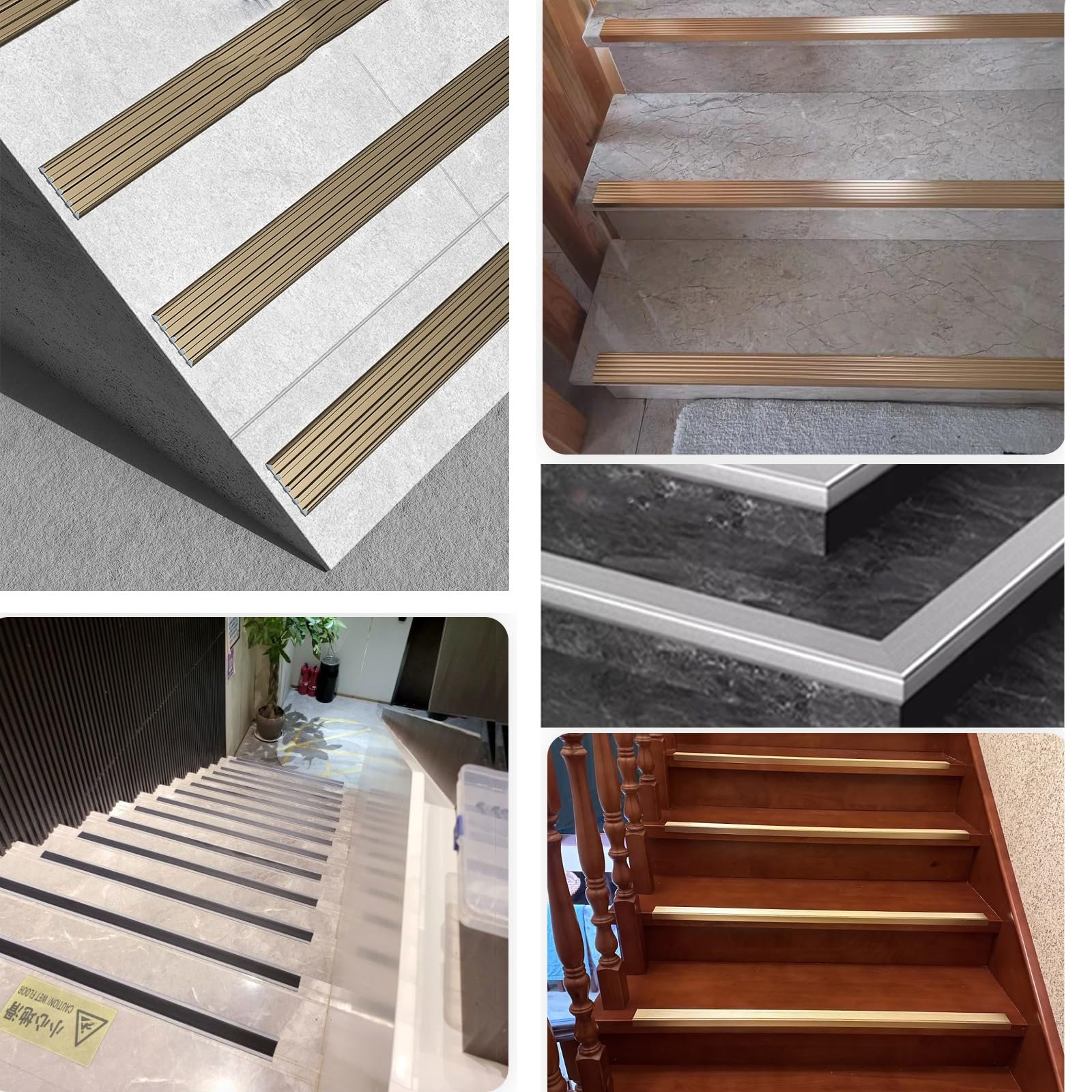 FORRTY Tiras antideslizantes de aleación de aluminio para escaleras,Protector de borde de escalera,Tiras antideslizantes para peldaños,Peldaños adhesivos antideslizantes para escalera,Impermeabl(Plata
