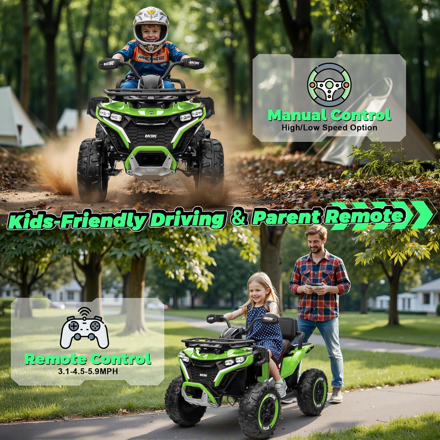 24V Ride on Car, Kids ATV XL Four Wheeler w/EVA Tires, 19-Inch Leather 2 Seater, 800W Motors, Remote Control, Knee Pads, Flower, 24 Volt Ride on Toys Quad for Big Kids, Green