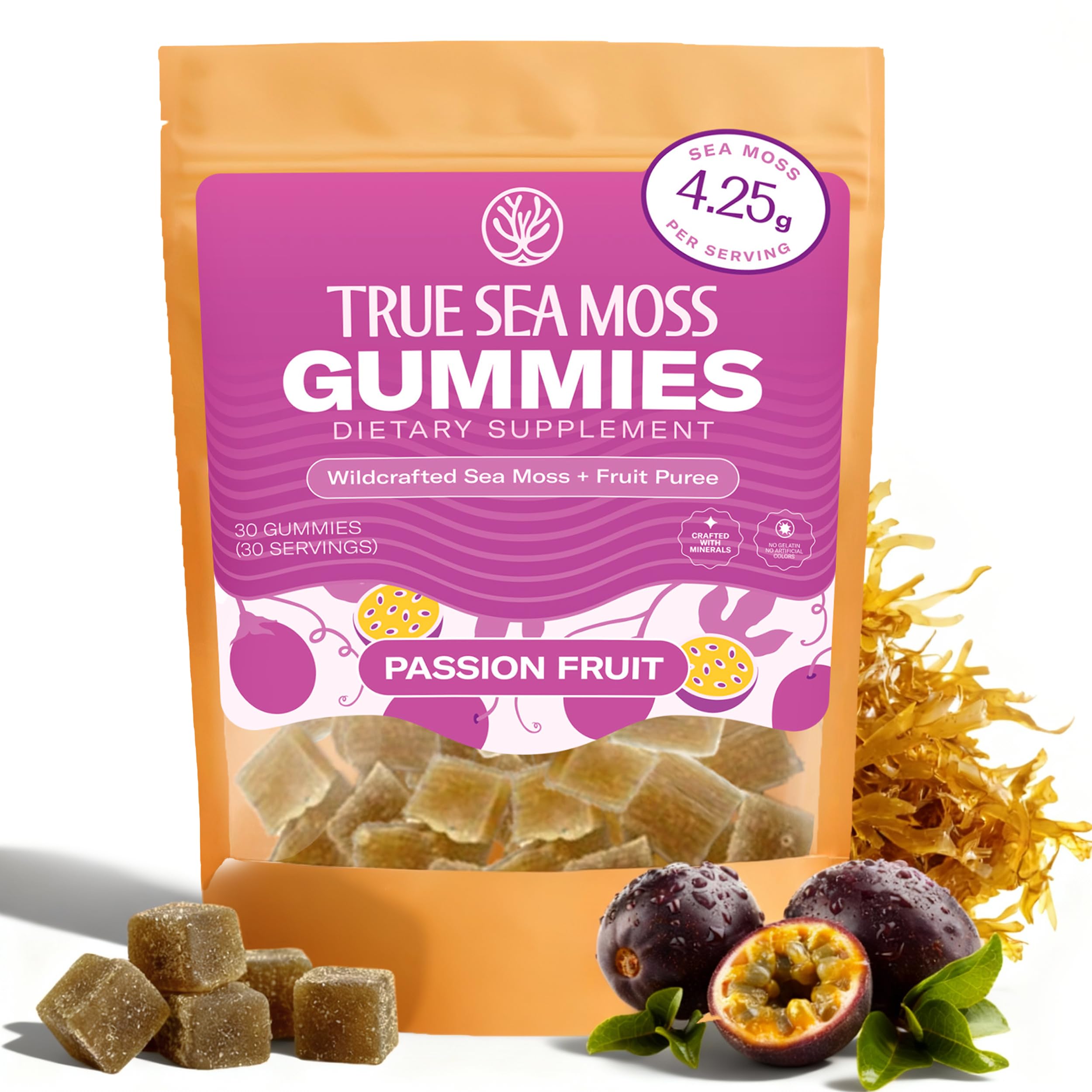 True Sea Moss Gummies – High Potency 4250mg Authentic Sea Moss Gel – Raw & Wildcrafted – Sweetened with Organic Coconut Sugar & Real Passion Fruit Purée – 30 Gummies (30 Servings)
