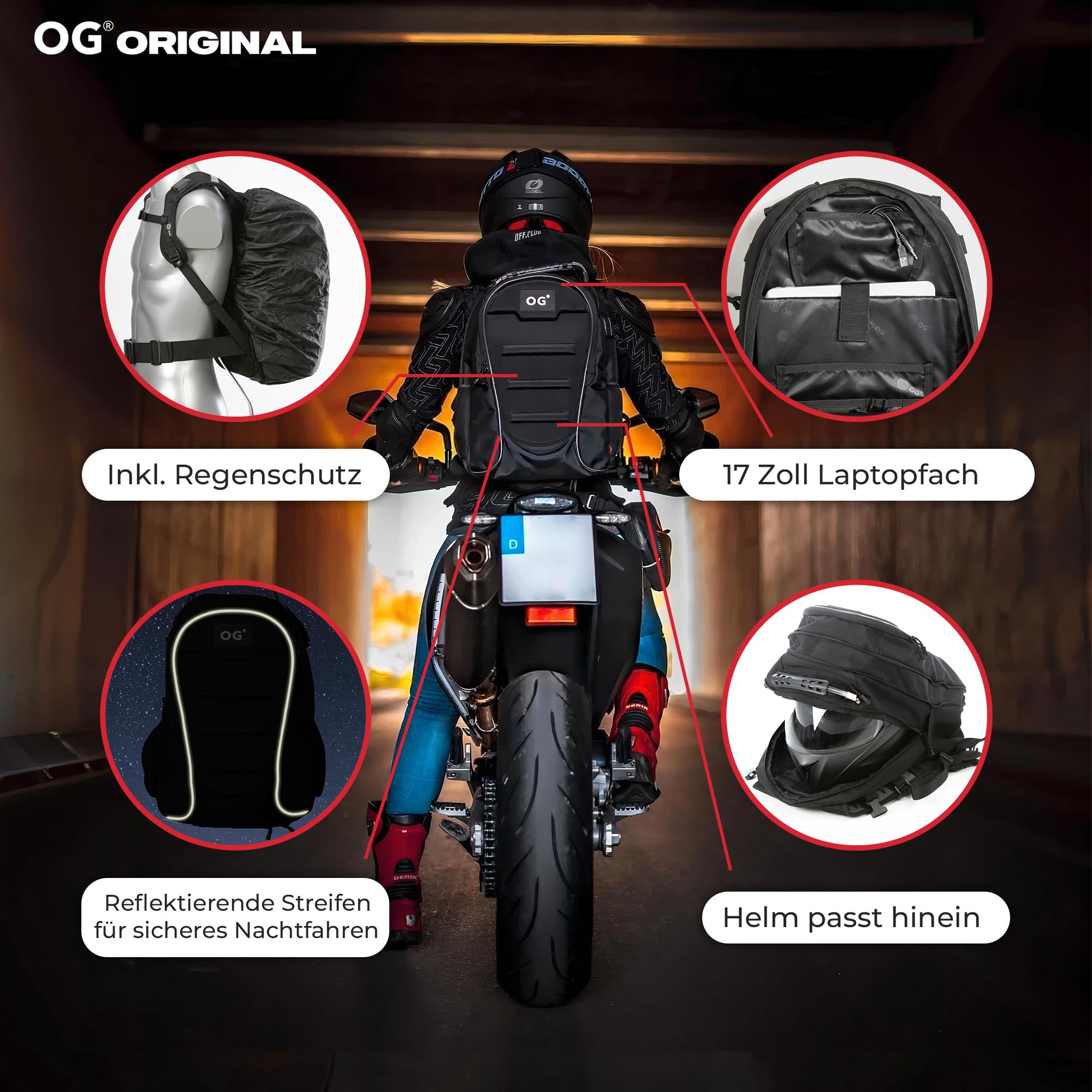 OG Original CityRunner Motorrad Rucksack, Wasserdicht Erweiterbar 30-35L, Helmtasche, Motorradfahrer, Helm-Trageriemen, Hohe Kapazität, Laptopfach, Reflektierend