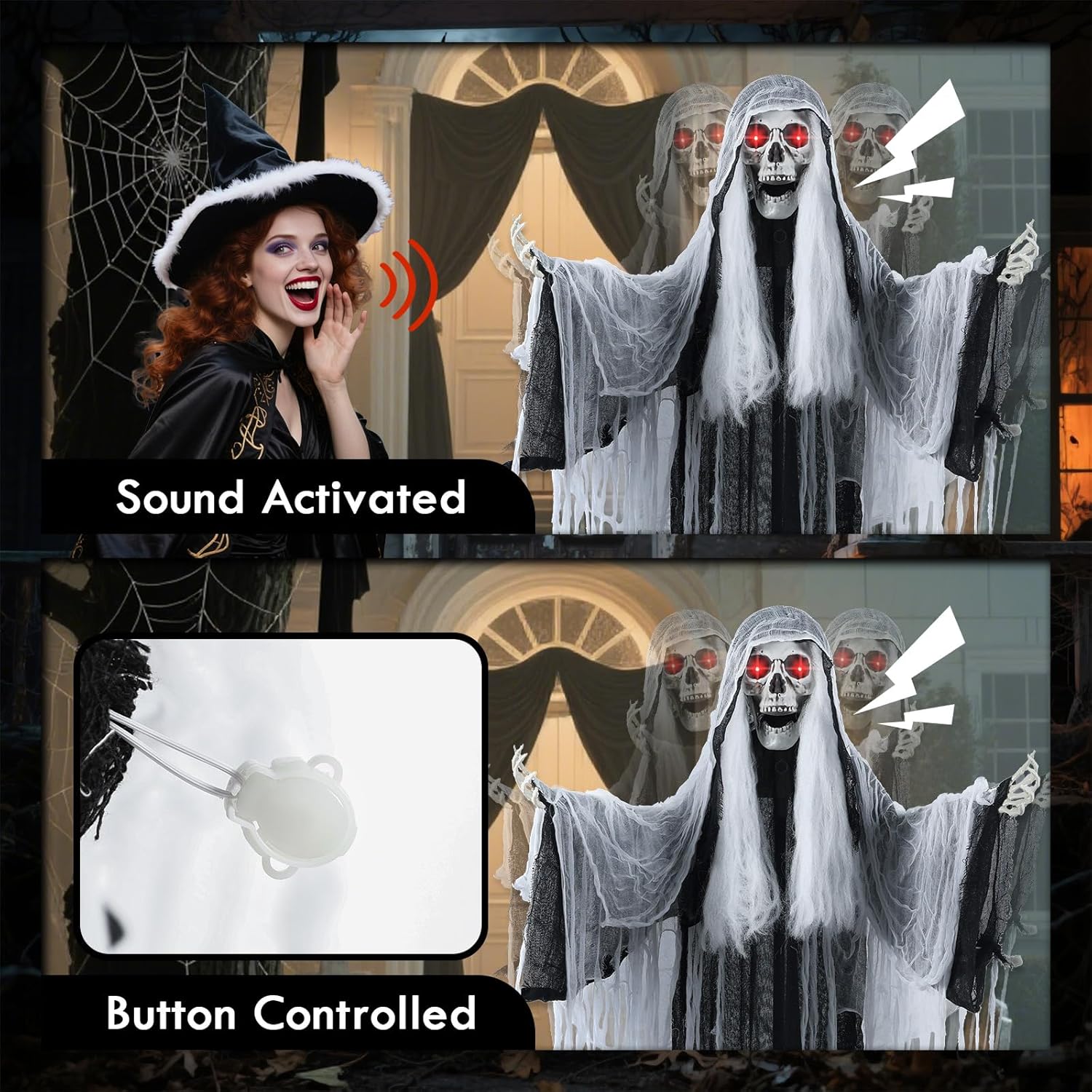 Image showing the animatronic witch being activated by sound (a woman shouting) and a close-up of the button control for manual activation.