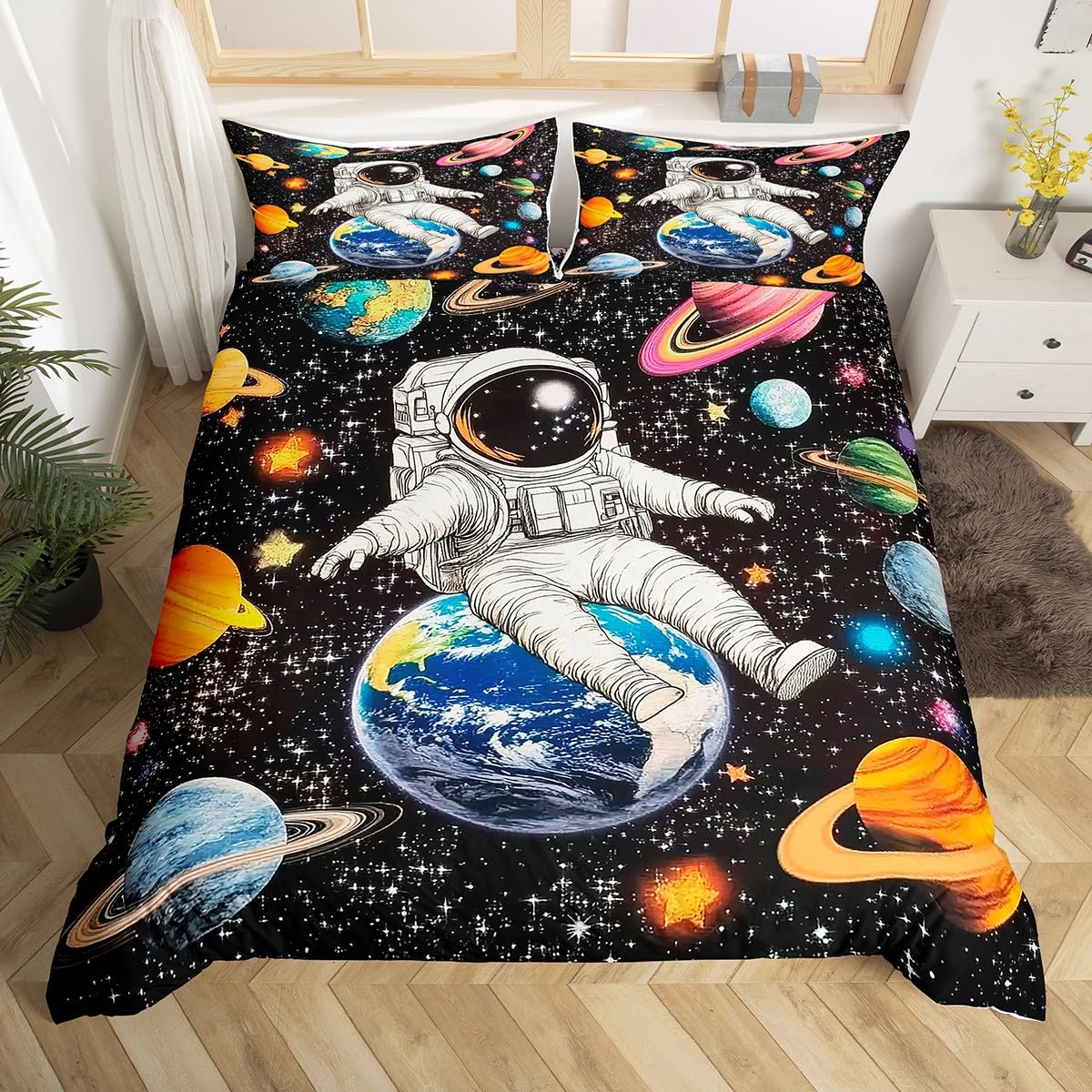 Poszewka na kołdrę z motywem galaktyki King dla dzieci, nastolatków, dorosłych, kreskówkowe planety, astronauta, zestaw pościeli z kosmosem, gwiazdki poszewka na kołdrę z 2 poszewkami na poduszki