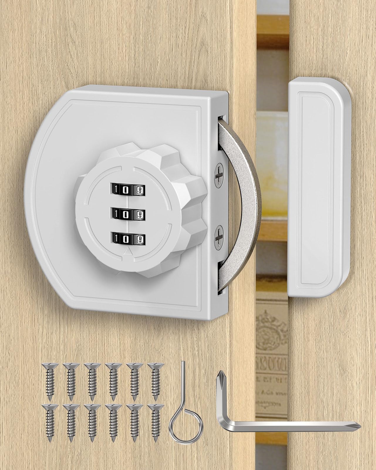 BiceNoning 180 Degree Combination Cabinet Lock, Keyless 3 Digit Password Lock, Anti Pry Zinc Alloy Mechanical Sliding Door Lock for Cupboard, Closet, Drawer (1, White)