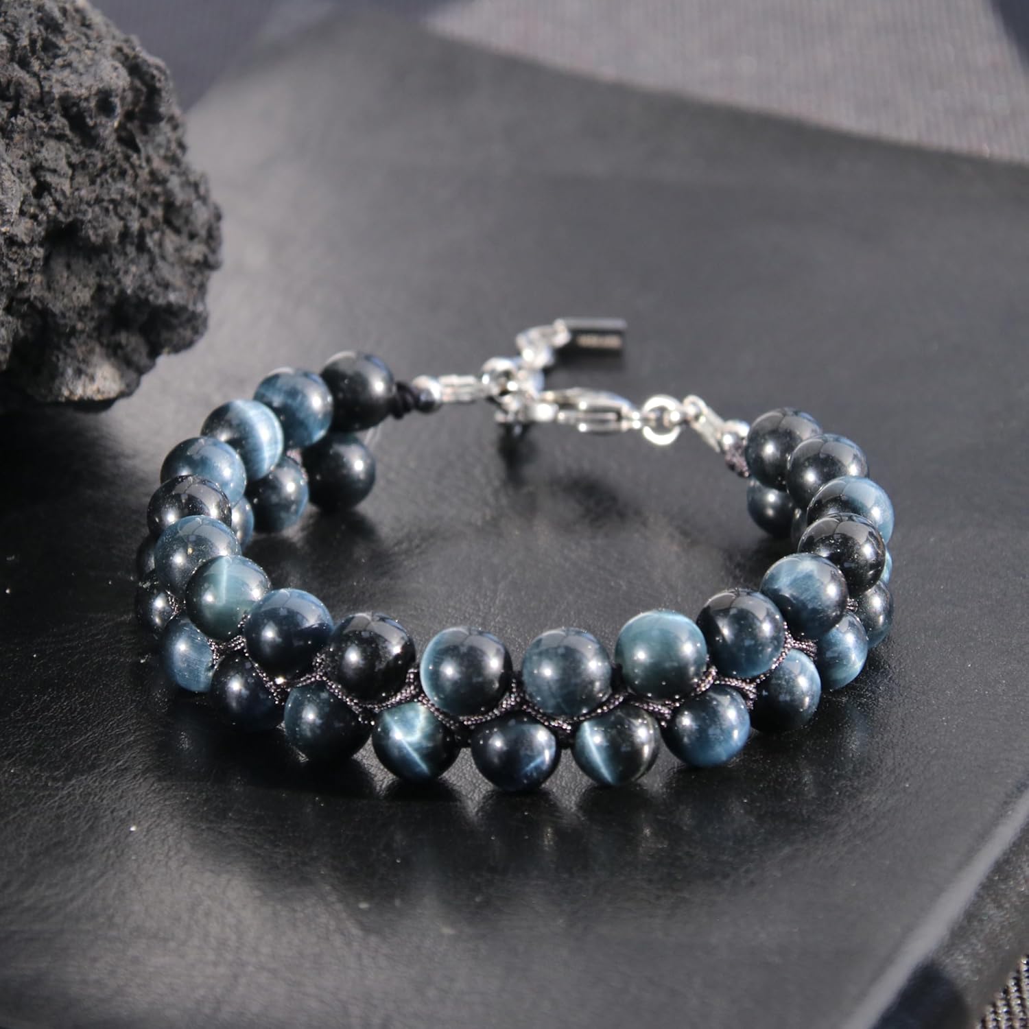 Natural Stone Beds Bracelets for Men - Double-strand Premium Crystal Tourmaline Tiger Eye Beaded Bracelet with Durable Clasp Adjustable, Strength Grounding Energy Jewelry for Stress Relief Balance Protection