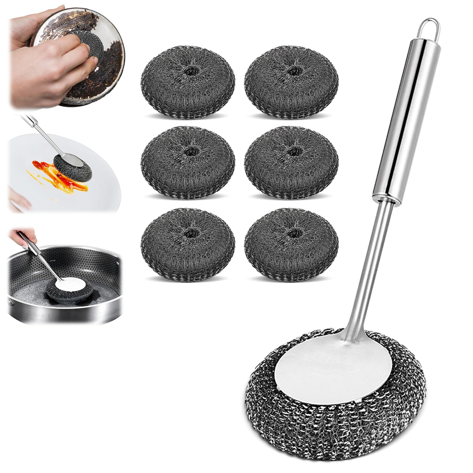 Metal Scrubbers for Cleaning Dishes Steel Wool Scrubber with Long Handle with 6 Replacement Wire Pads