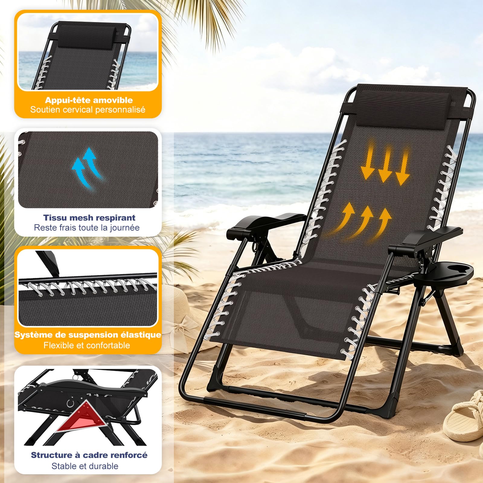 Dripex Chaise Longue Jardin Exterieur, Transat Support 150kg - Noir | Pliante Inclinable, avec Plateau, Tête Amovible