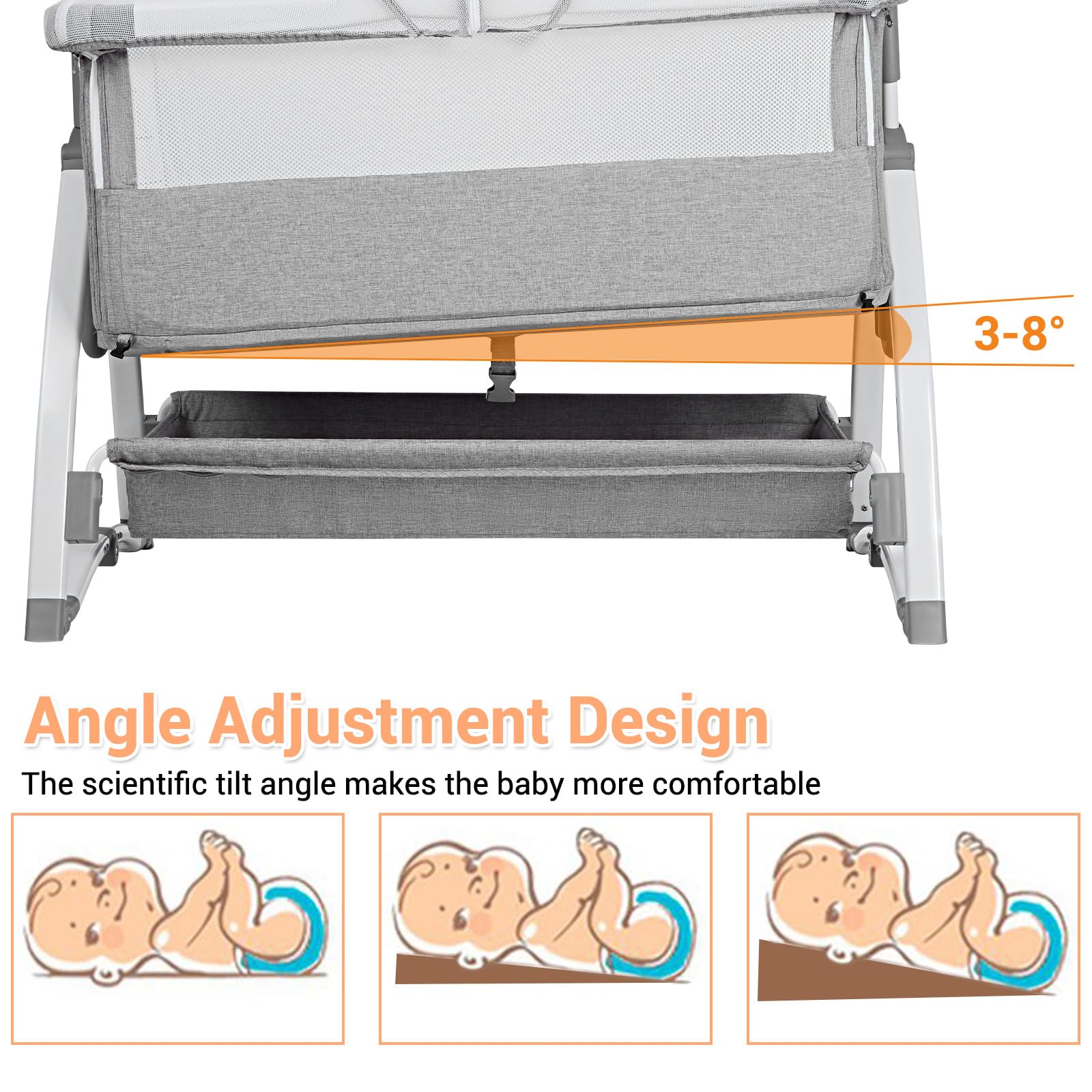 Lit Bébé Évolutif 3 en 1 Convertible Cododo avec Moustiquaire, Matelas, Bascule, 7 Hauteurs Réglables, 0-36 Mois
