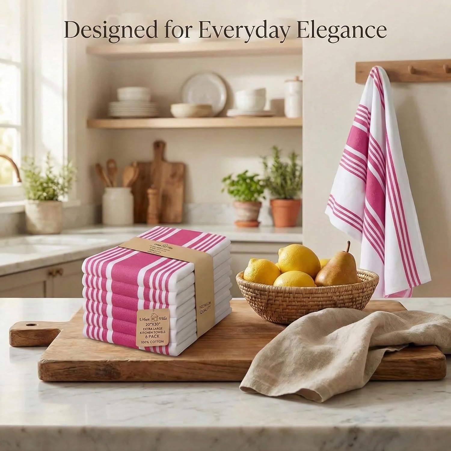 Urban Villa Kitchen Towels 100% Cotton Dish Towels for Kitchen(Set of 6)20”x30” Dish Cloths Highly Absorbent Kitchen Linen Set with Hanging Loop Perfect for Drying Dishes Cleaning Towels-Fuchsia White