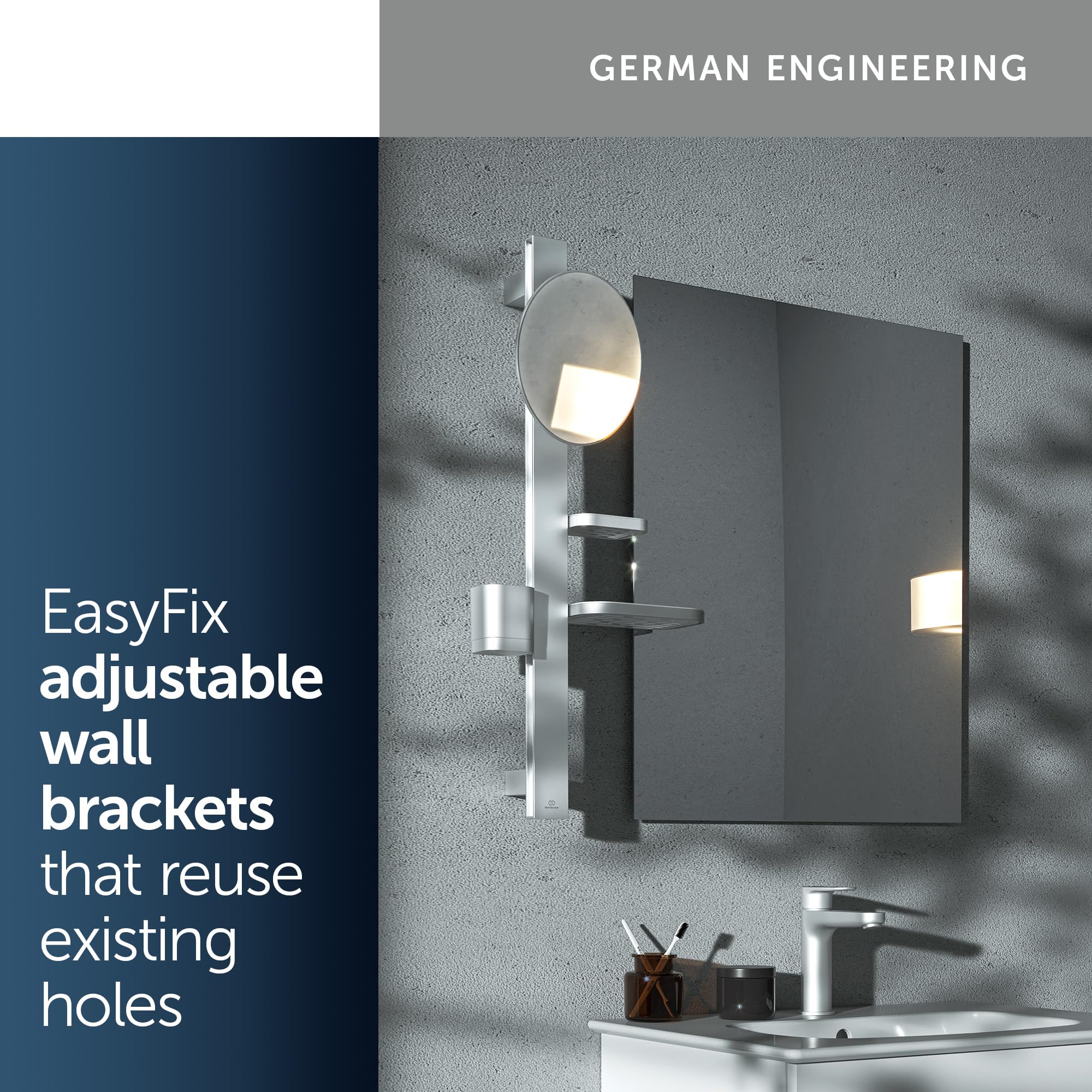 Ideal Standard Alu+ Beauty Bar, Accessoires-Kombination S, mit Ø 205 mm Kosmetikspiegel (3-Fach Vergrößerung) und verstellbaren Ablagen, aus 100% recyceltem Aluminium – Silber (310.5x160x717 mm)