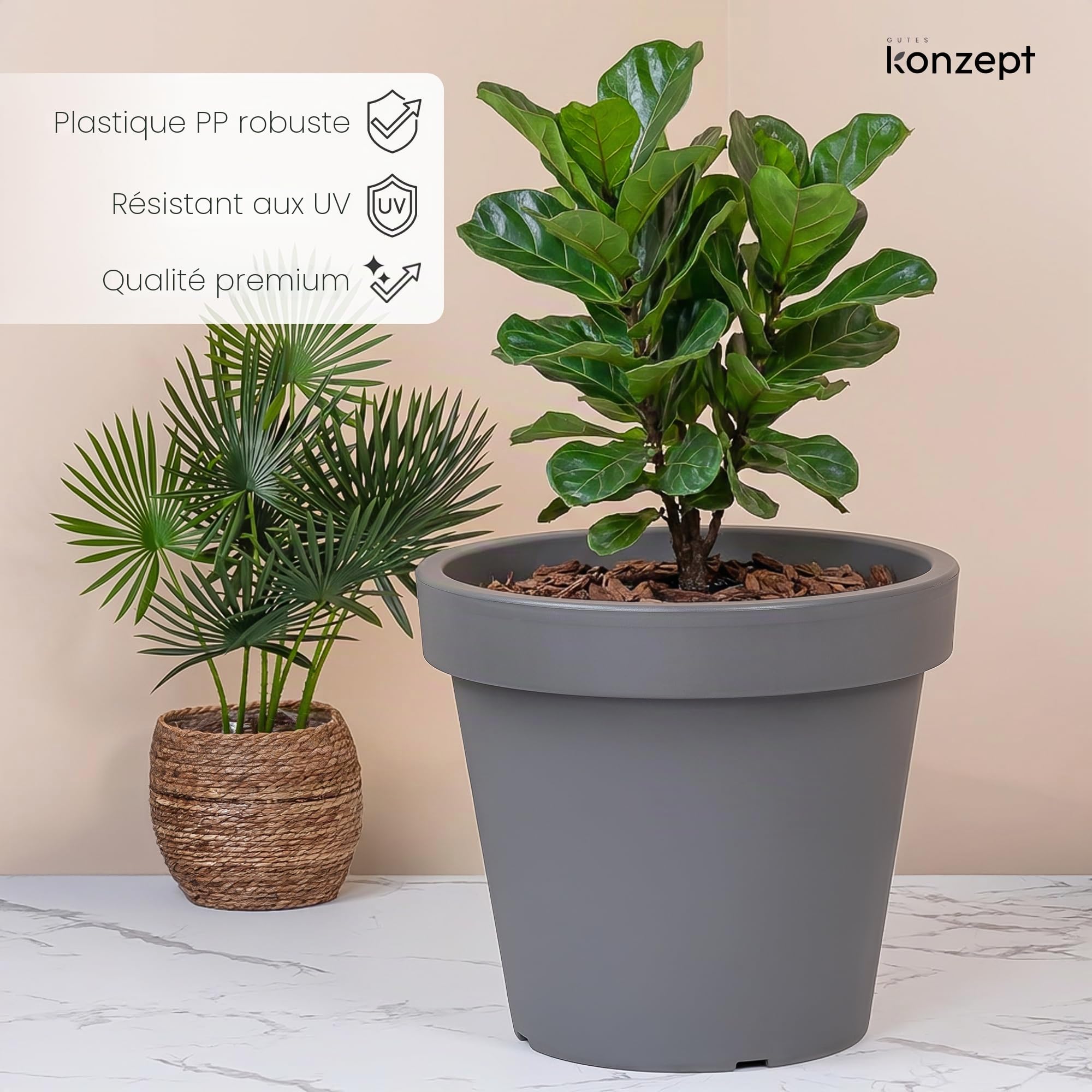 KONZEPT Pot de fleurs de 58 cm de diamètre, 52 cm de hauteur - Grand pot extérieur de 87 l de forme conique, robuste et stable, en plastique, résistant aux UV et au gel, pour intérieur et extérieur