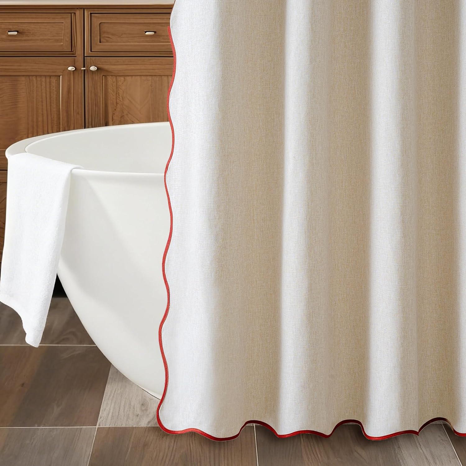 Beige Extra Long Shower Curtain Linen Textured with 12 Metal Hooks Cute Heavy Duty Washable Waterproof Neutral Thick Cloth Shower Curtains with Burgundy Border for Bathroom Hotel Bathtub, W72xL84