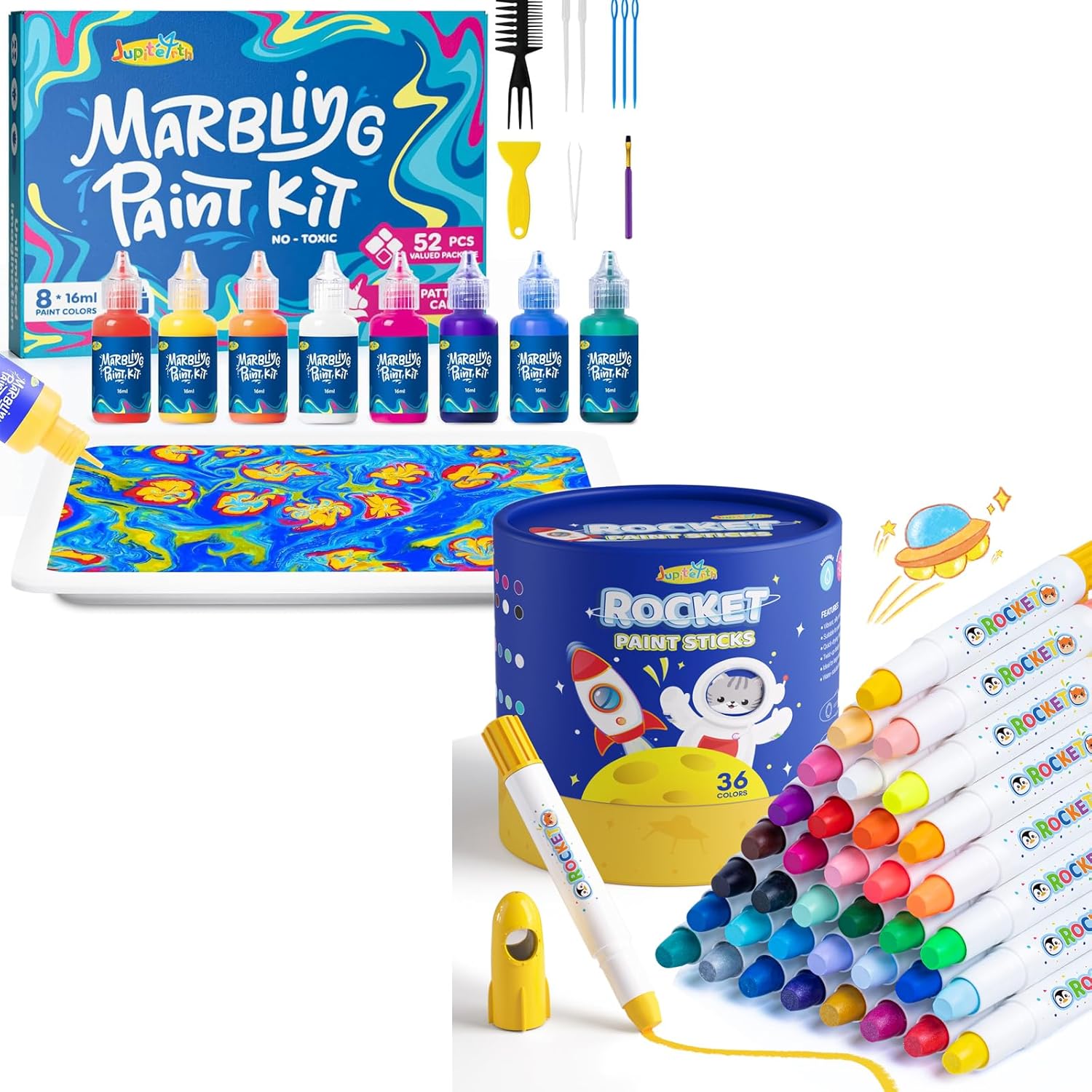 JUPITEARTH 52Pcs Water Marbling Paint Kit+36 Colors Washable Rocket Tempera Paint Sticks for Kids