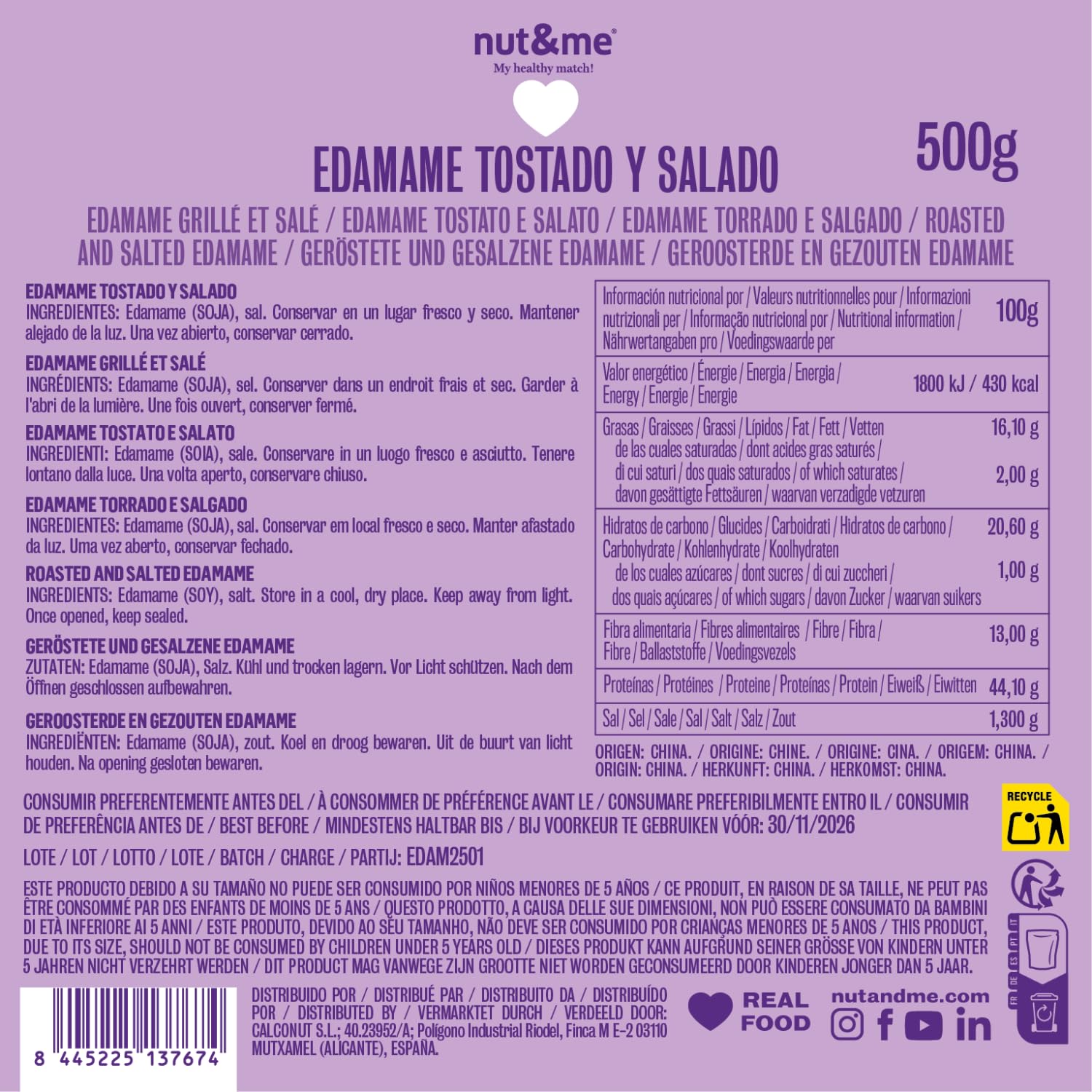 Edamame tostado y salado 500 gr nut&me | Sin gluten y sin azúcares añadidos | Alto en proteínas | Snack crujiente |