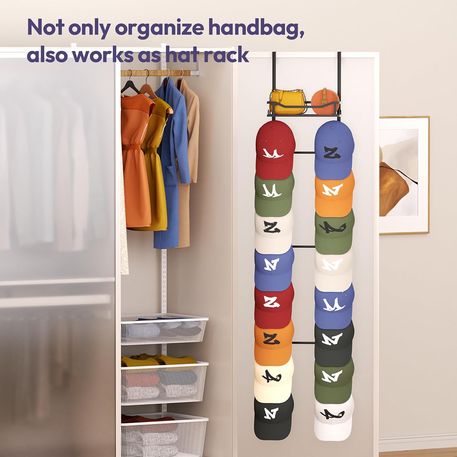 SWTYMIKI Over The Door Purse Organizer - Wall Mounted Purse Rack with 16 Hooks and Metal Basket, Hanging Handbag Storage Organizer Holds up to 16 Bags, Bag Rack Can Use As 1/2 Part, for Door, Closet - Image 7