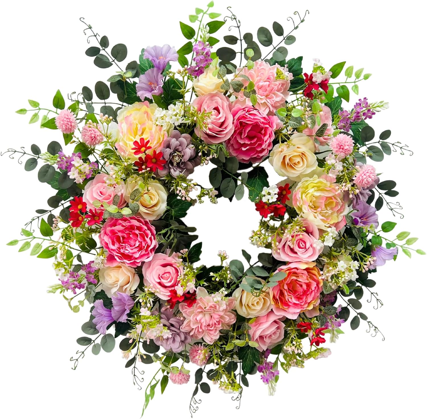 24 Inch Spring Summer Wreath for Front Door Outside Artificial Peonies Rose Flowers Morning Glory Mixed Flowers for Outdoor Front Door Indoor Wedding Wall Window Décor All Season