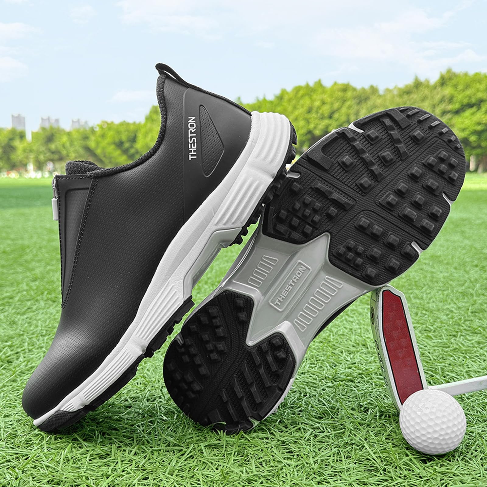Zapatos de Golf Cuero para Mujer Impermeables Zapatos de Golfs sin Clavos Transpirables con Cremallera Exteriores