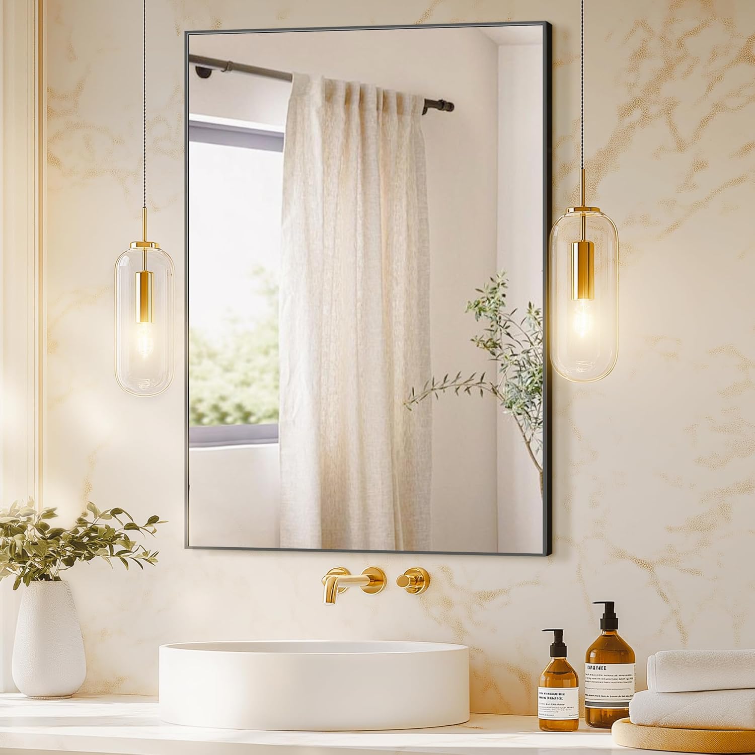 bathroom vanity mirror for wall, 36" x 24" metal framed rectangular bathroom wall mirror for over sink, hd shatterproof glass, hangs horizontally or vertically(black) matte black 36"l x 24"w
