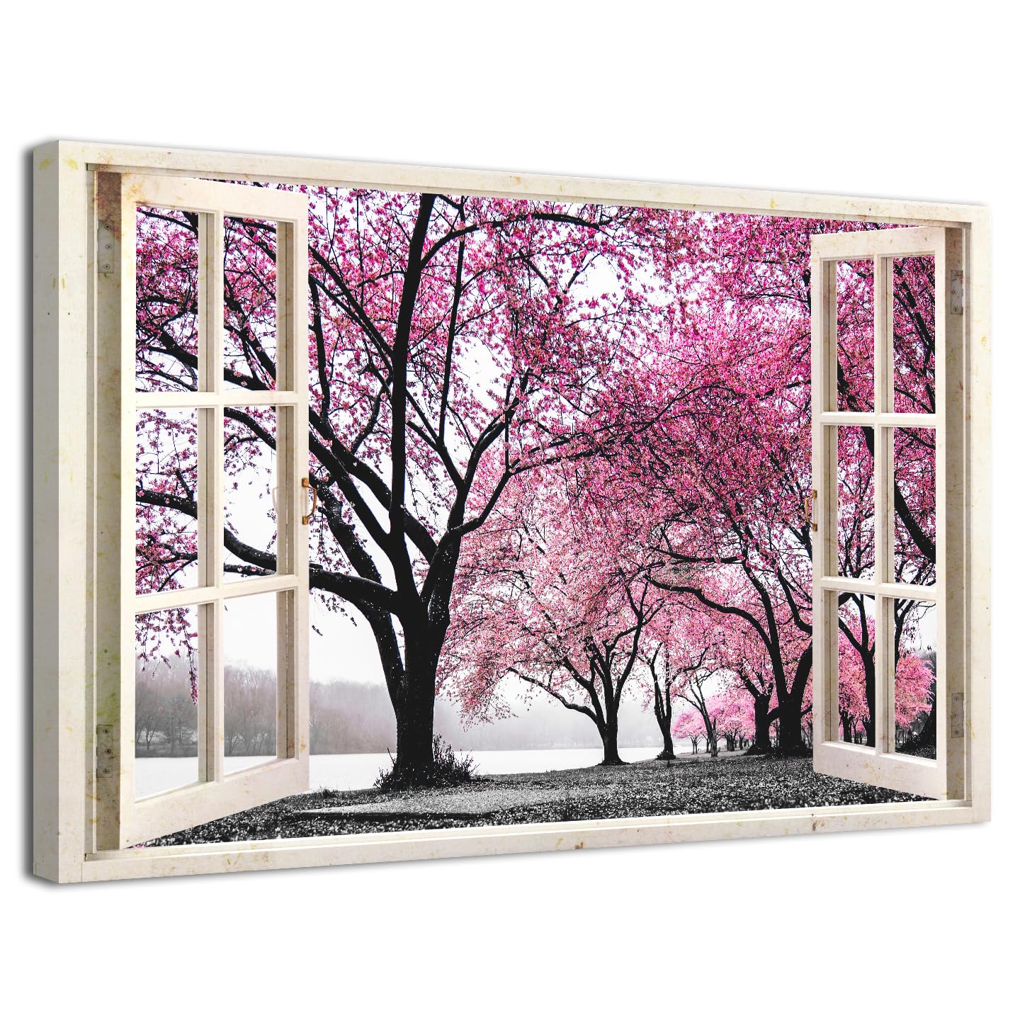 Pink Tree Canvas Wall Art Black and White Wall Decor Window View 3D Effect Prints Painting Poster Forest Landscape Picture for Bedroom Hallway Living Room Home Decoration Ready to hang 12x16“