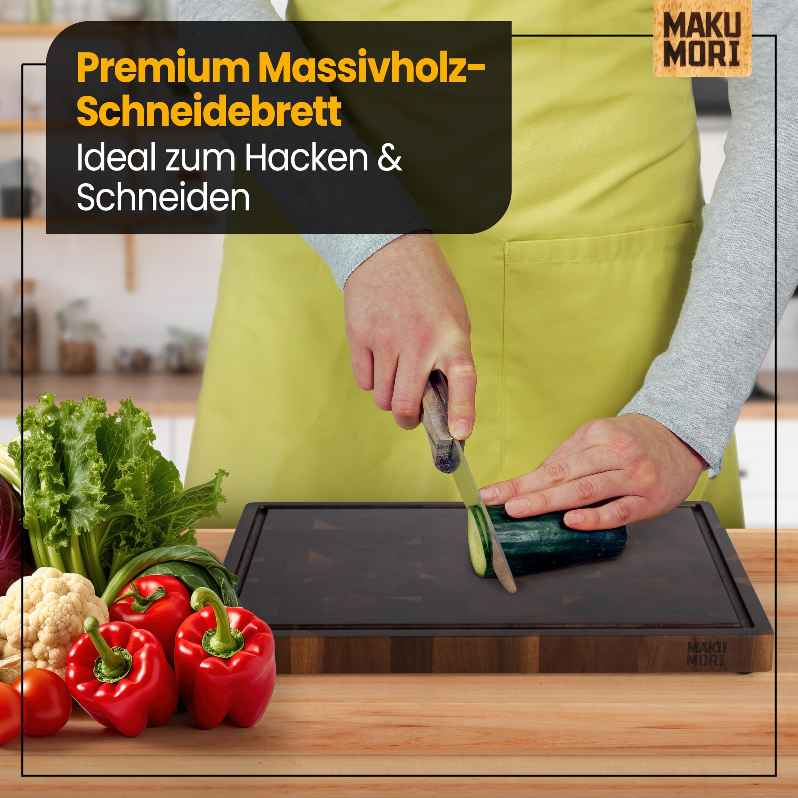 Premium Stirnholz Schneidebrett Massivholz 40x29x3cm Akazie Dunkel | Küchenbrett aus Akazienholz karbonisiert; FSC®; End Grain; tiefe Saftrinne; extra große Griffmulden; rutschfeste Gummifüße