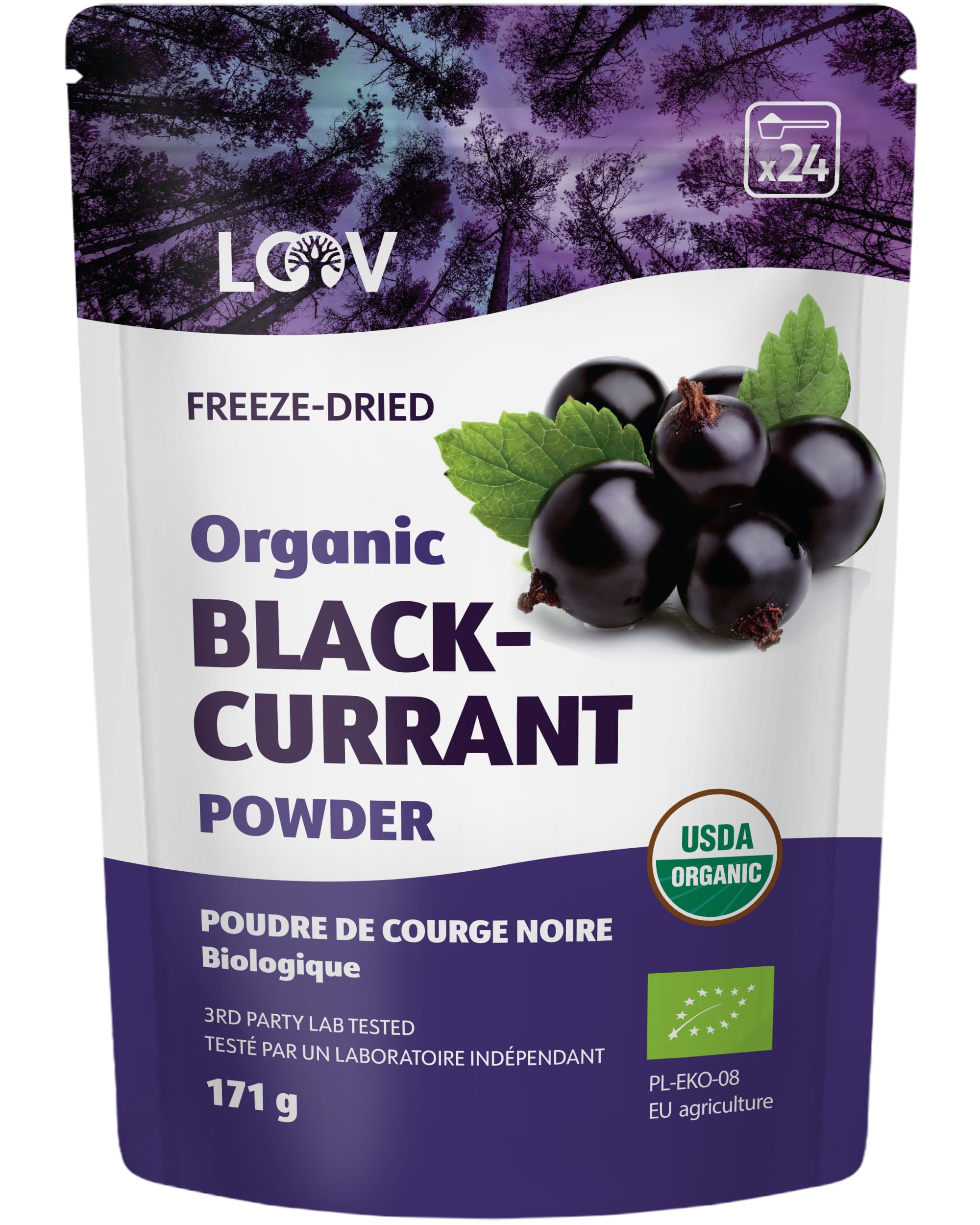 LOOV Blackcurrant Powder Organic, Made from 100% Whole Blackcurrants, Freeze Dried and Powdered Organic Blackcurrants, 6 Ounces, 21-Day Supply, Grown in Northern Europe, no Added Sugar