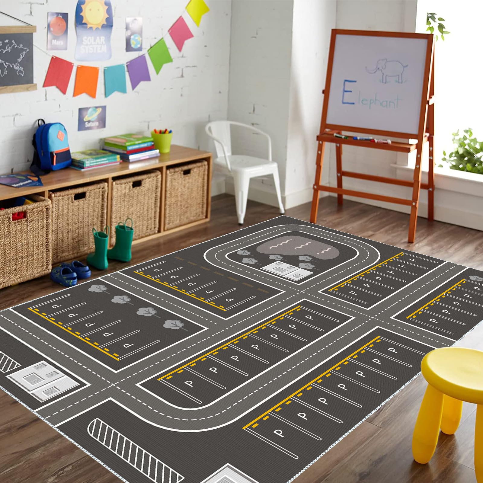 Autoteppich mit Breiten Straßen, Antirutsch-Rückseite, Straßenteppich – großen Parkplätzen, Jungen & Mädchen Kinderzimmer Spielteppich Straße Waschbar