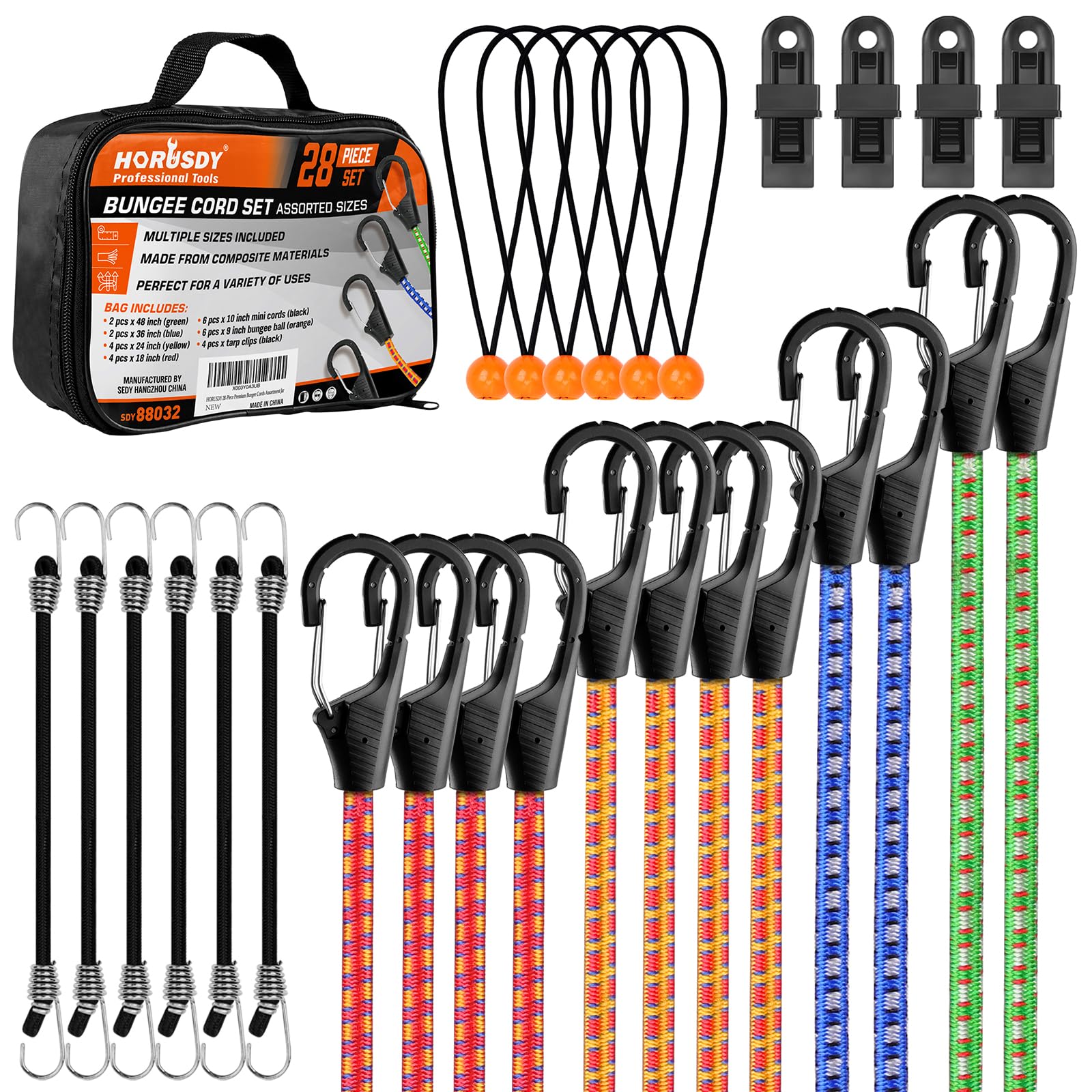 HORUSDY 28-Piece Premium Bungee Cords with Hooks, Includes 10”, 18”, 24”, 36”, 48”, Bungee Cord Assortment (10 to 48 Inch)