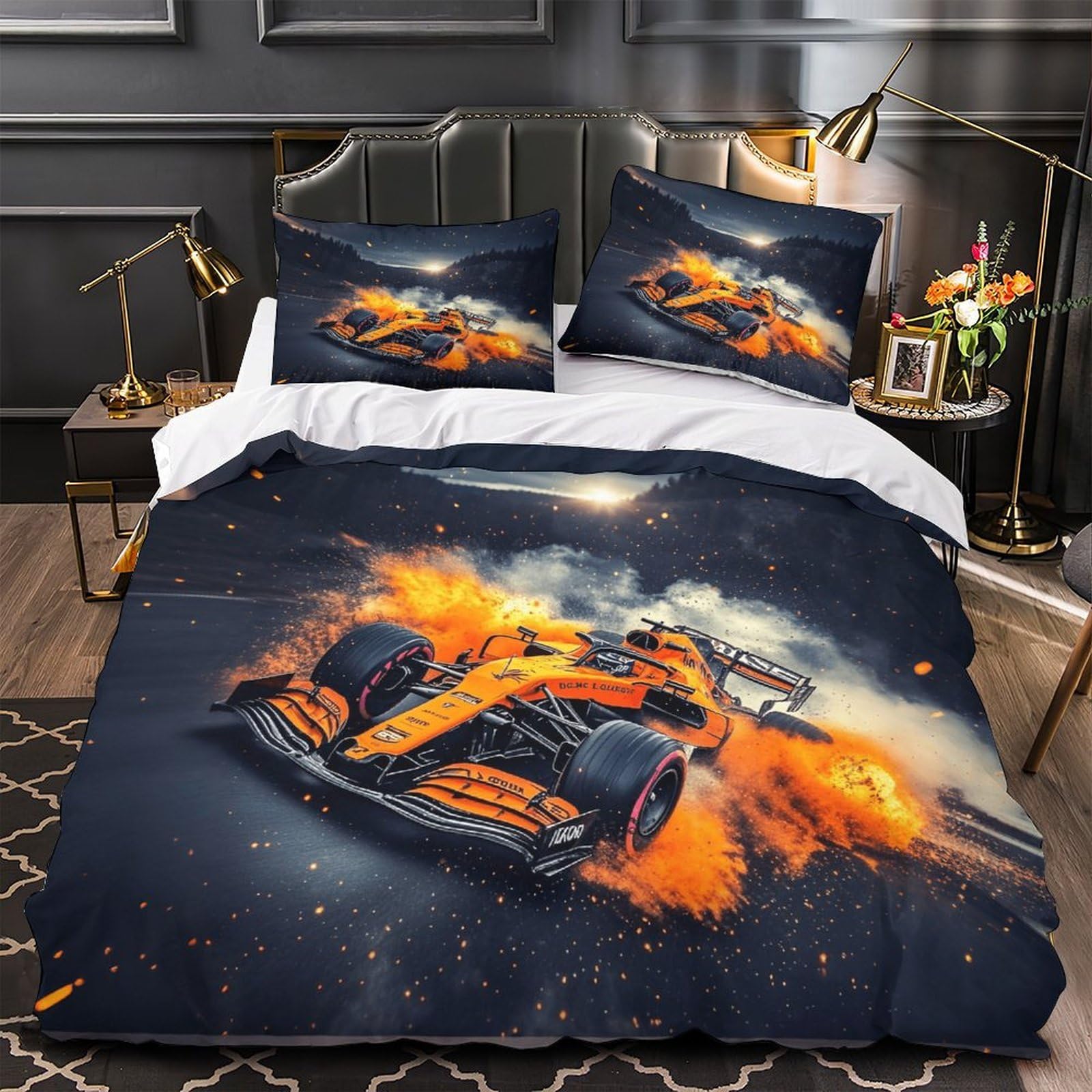 DAFUfbw Formulaa Racing Duvet Cover King（220x240cm）, Racing Car Bedding Set Soft & Cozy Percale Weave, Racing Car Comforter Cover with Zipper Closure