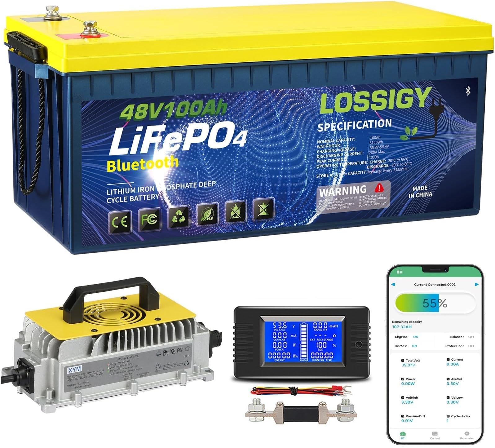 48V 100Ah Bluetooth LiFePO4 Battery with 58.4V10A Lithium Battery Charger, 0V Starting and Fast Charged, Prefect for Trolling Motor, Marine, RV, Solar