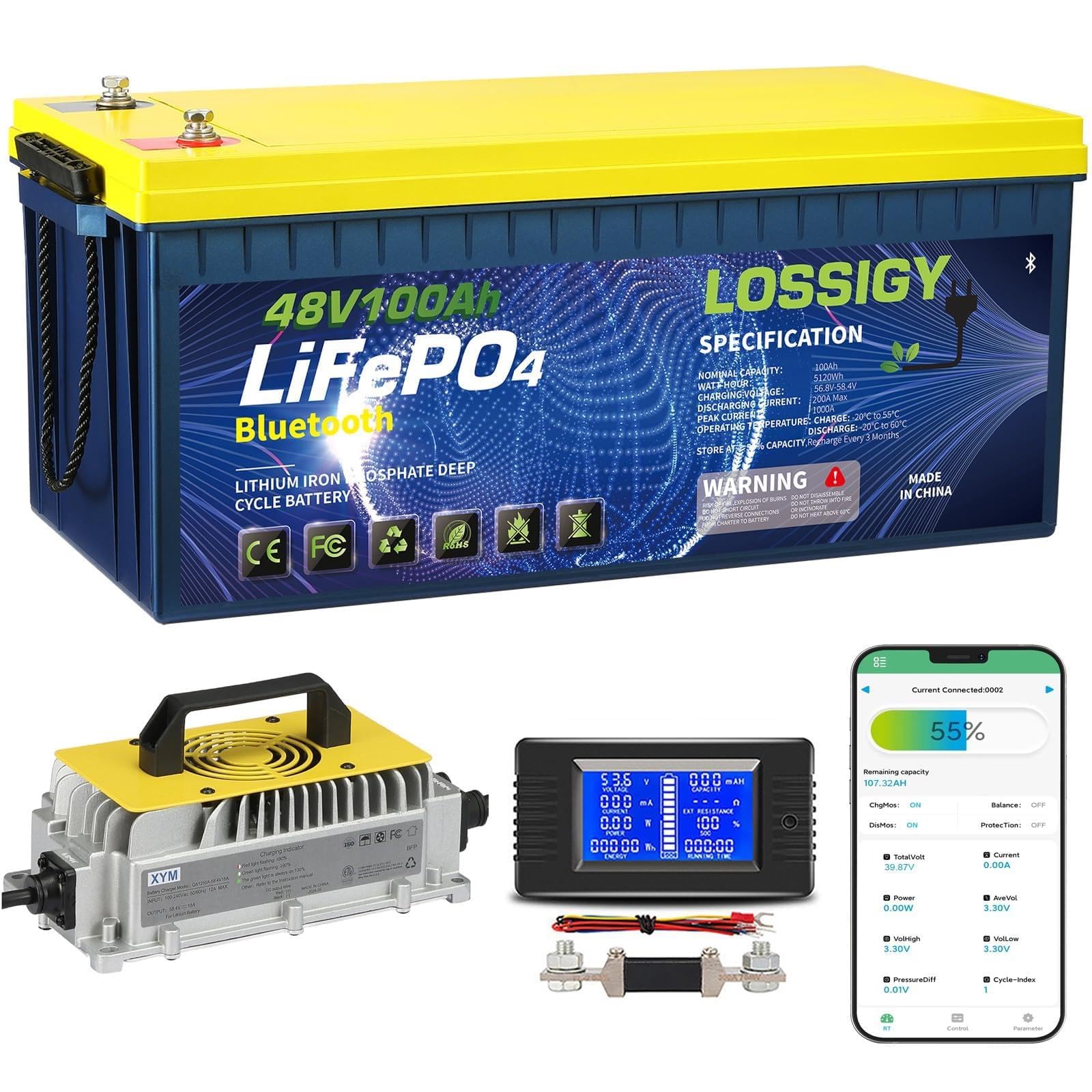 LOSSIGY 48V Lithium Golf Cart Battery with 18A Lithium Charger, 48 Volt Battery Conversion Kit, Built in 200A Bluetooth 10.24kW Output, Peak Current 1000A(3-5s), Prefect for RV Solar System