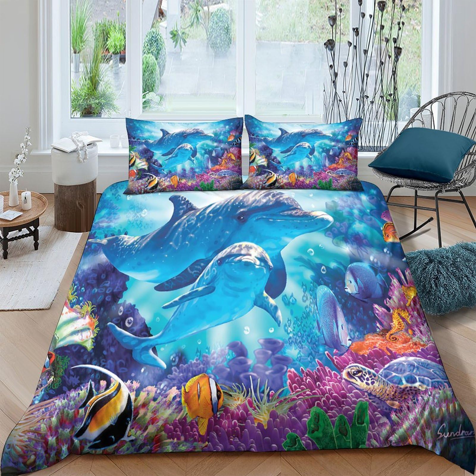 Ctjqhvkz Style-3 3D Printed Ocean Dolphin Fitted Sheet Microfiber Vibrant Coral Reef Mattress Cover For Bedroom Guest Room Home Decor Single（135X200cm）