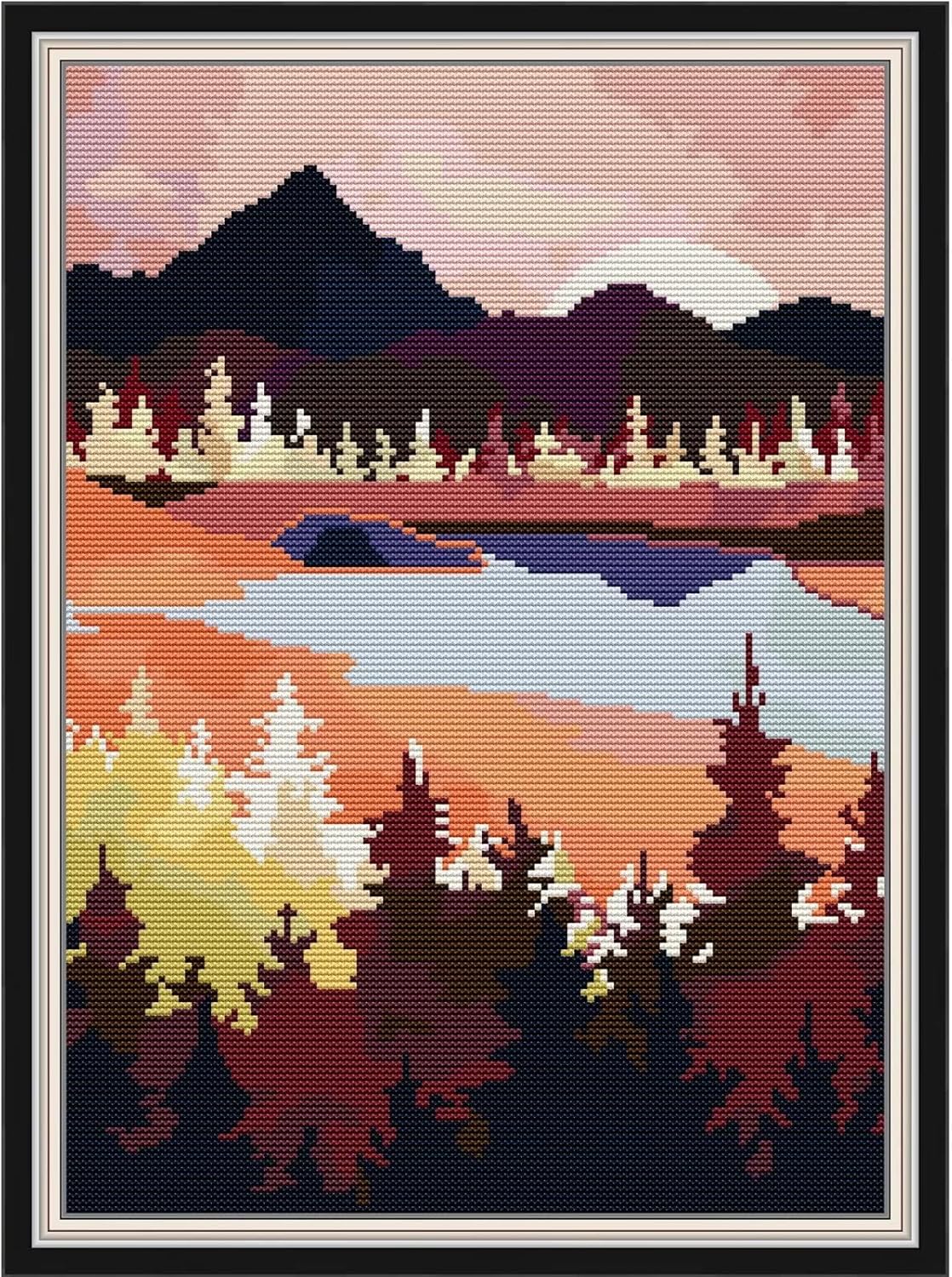 Svarog Stamped Cross Stitch Kits Beginners Full Range of Embroidery Patterns Starter Kits for Adult or Kids DIY Cross Stitches Needlepoint Kits 14CT-Landscape Forest Nature 11.8x15.75 inch