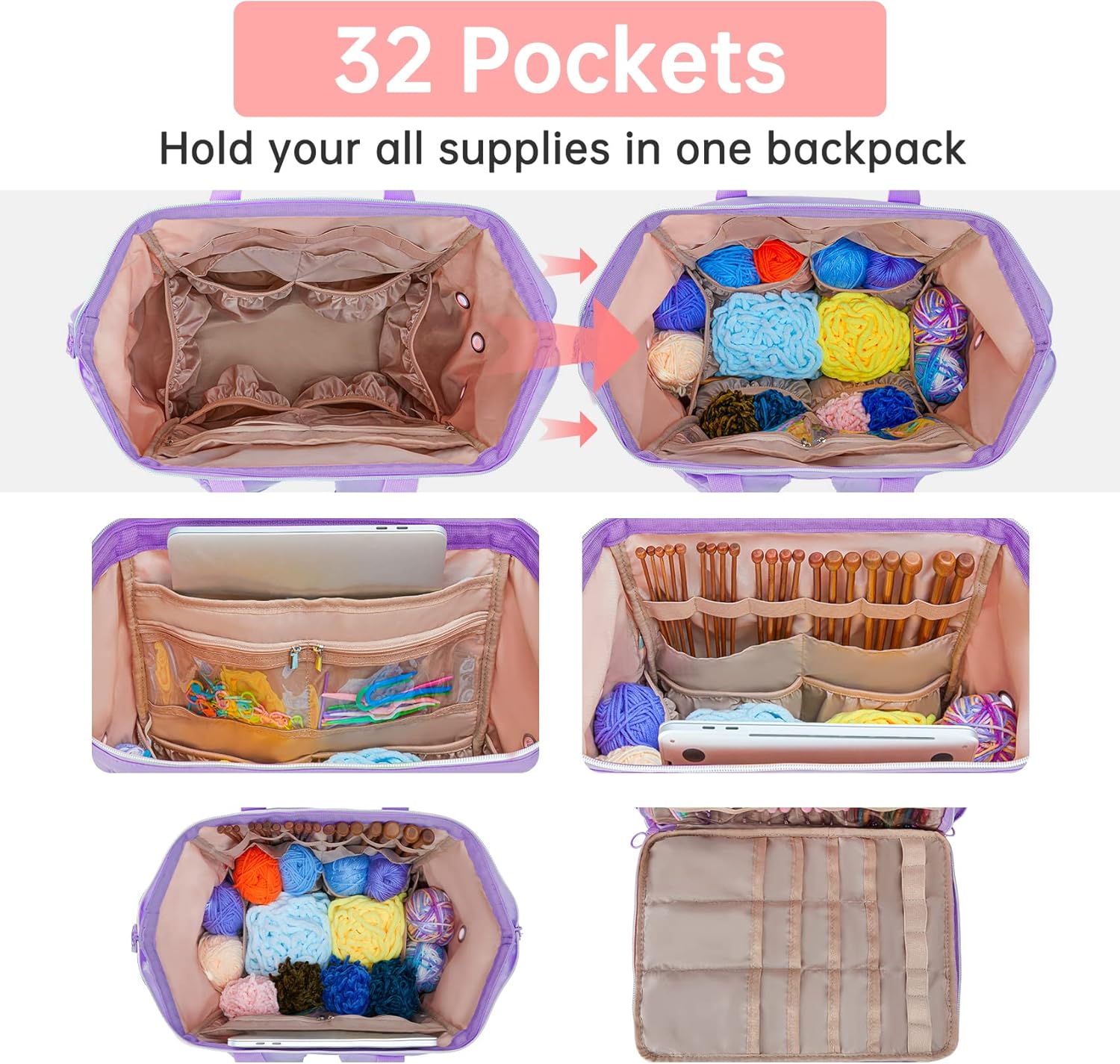 Leudes Knitting Bag Backpack, Yarn Storage Organizer Large Crochet Bag Tote Christmas Gift Yarn Holder Case for Carrying Projects, Knitting Needles (Upgraded Purple)