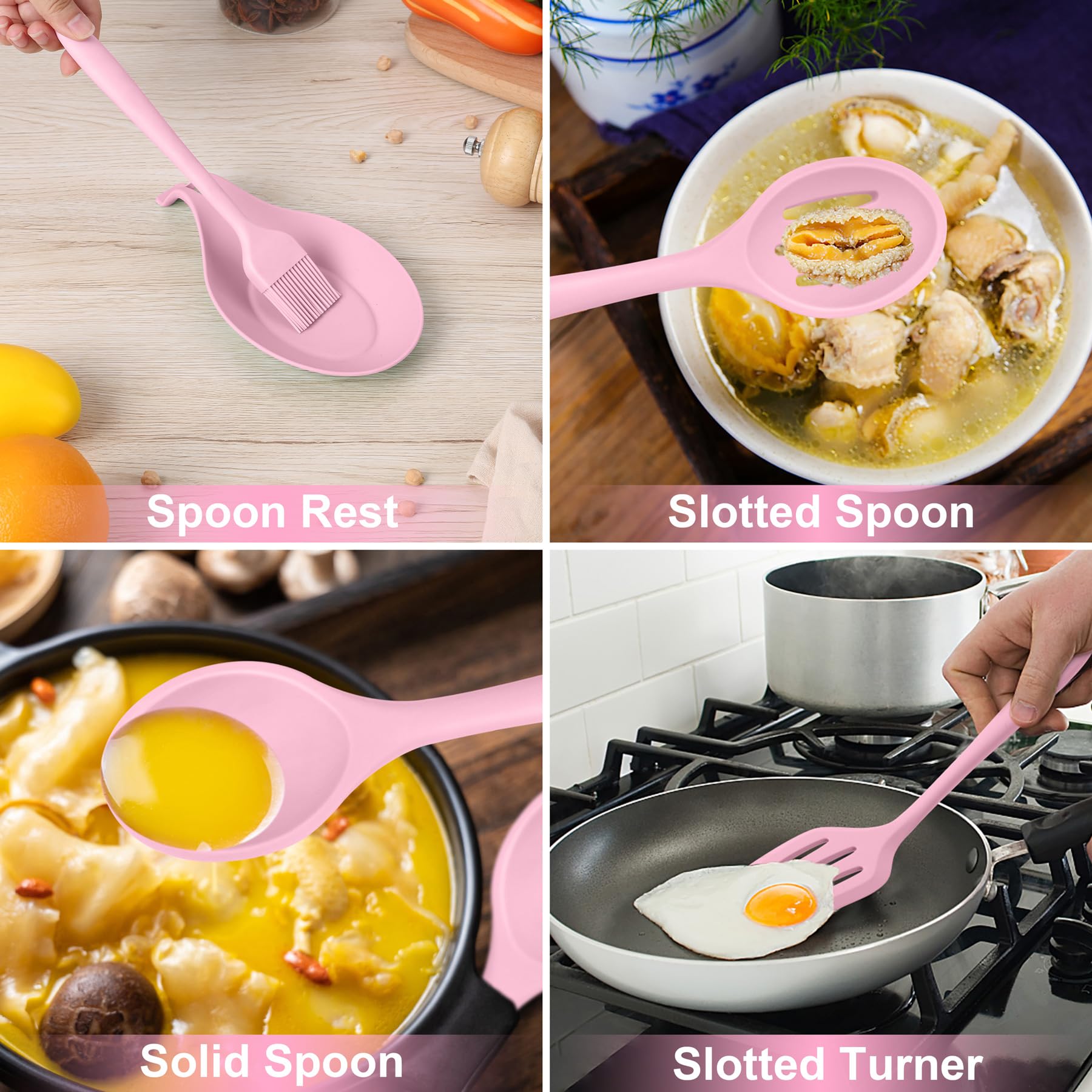 HaWare Set di utensili da cucina rosa, 13 pezzi in silicone con supporto, utensili da cucina inclusi spatola cucchiaio, pentole antiaderenti e resistenti al calore, lavabili in lavastoviglie