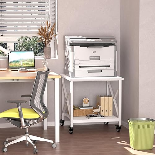 Miniatura 4 de Soporte para impresora, 23.6 x 23.6 pulgadas, soporte de impresora grande con estante de almacenamiento, mesa de impresora de 2 niveles para oficina