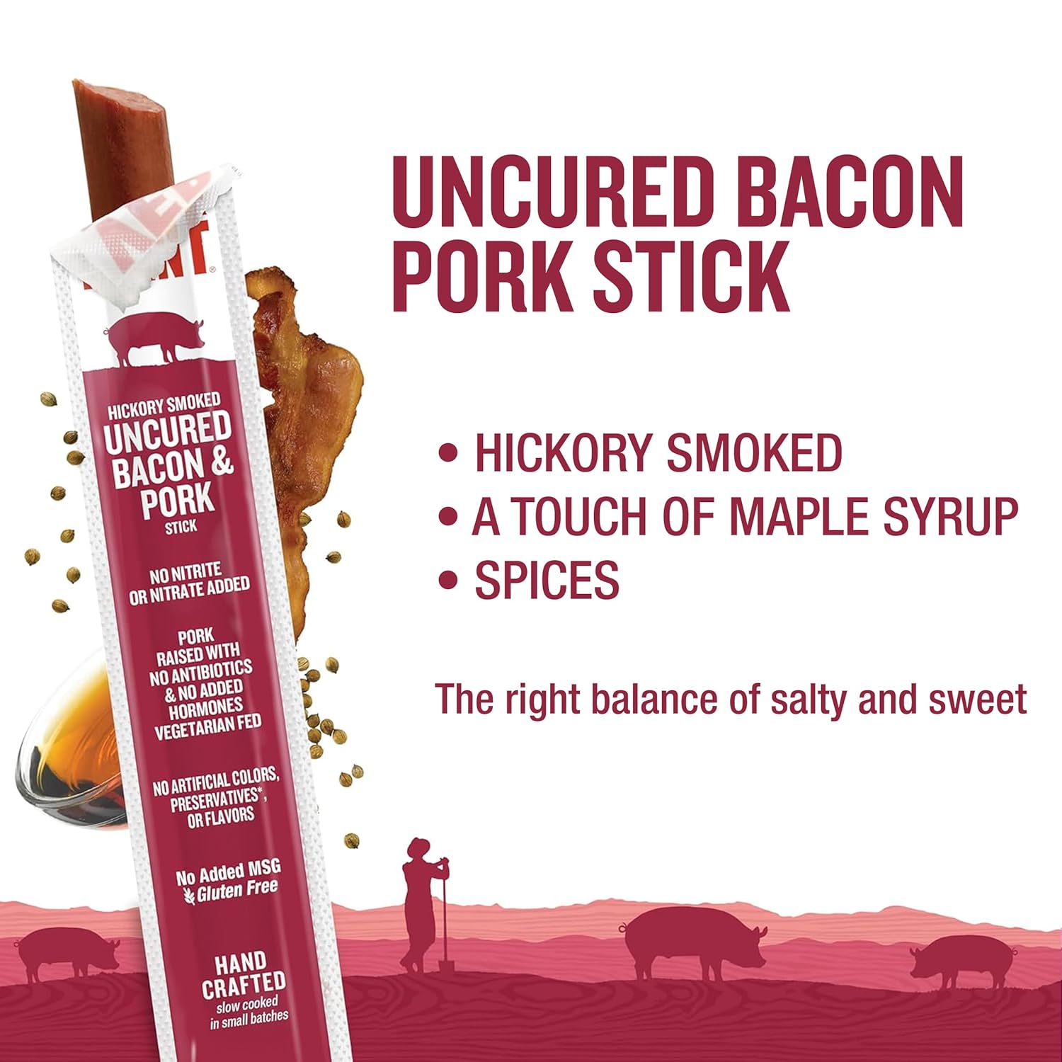 Vermont Smoke & Cure - Hickory Smoked Uncured Bacon Pork Sticks - Meat Protein Snack - Portable Healthier Meat Snack for Adults & Kids - 1oz Protein Snack - 24 Count