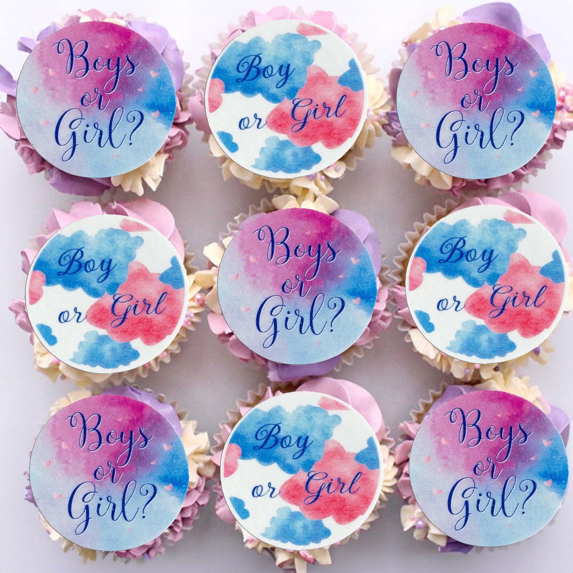 Gyufise 48Pcs Edible Boy or Girl Cupcake Toppers Gender Reveal Party Decorations Rice Paper Gender Reveal Question Mark Cake Decorations for Baby Shower Birthday Party Supplies Blue Pink Purple