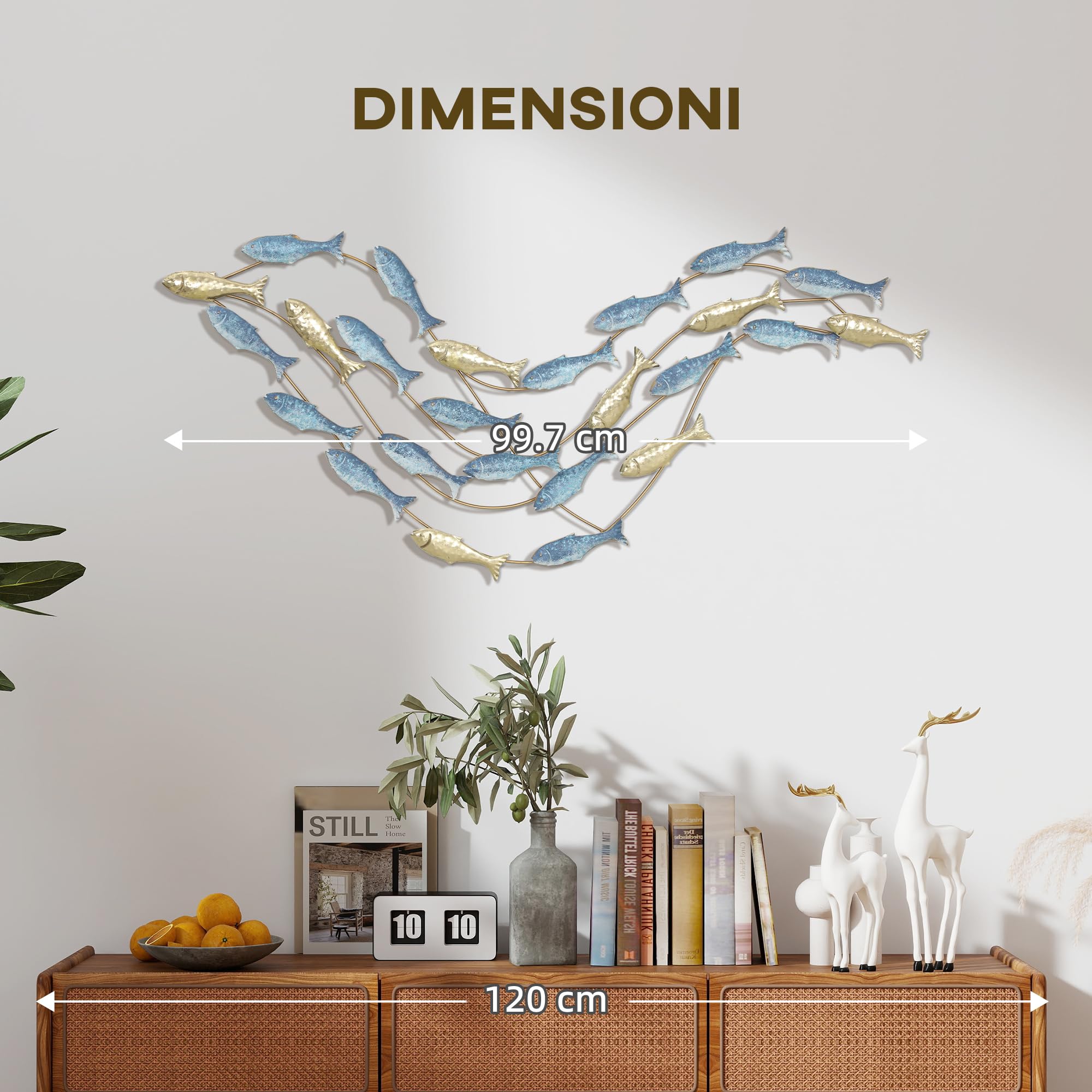 HOMCOM Decorazione Parete di Banco di Pesci con Viti Incluse per Casa e Ufficio, Wall Decor in Metallo, 99.7x3.8x50.2 cm, Oro e Blu