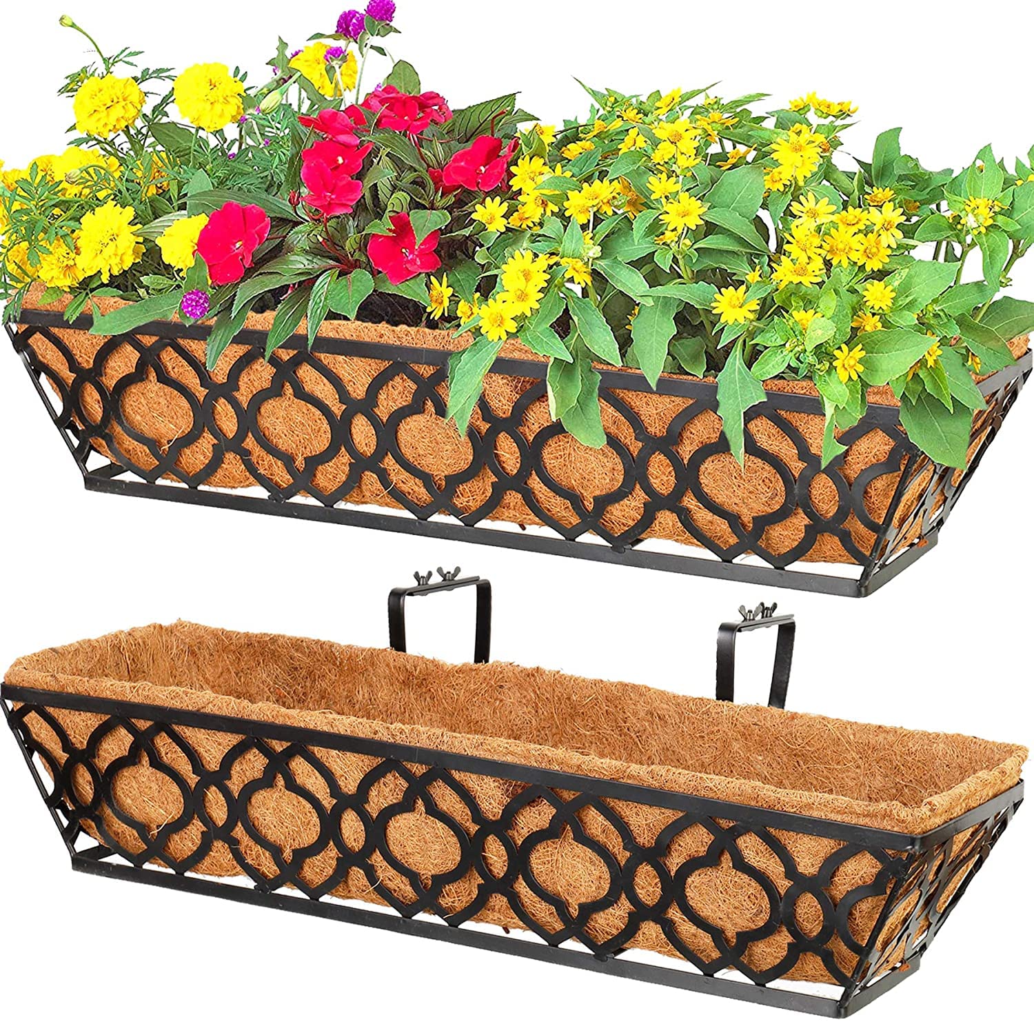 HFHOME Set of 2 Wall Trough Planter, 24"/60.9cm Outdoor Metal Window Box with Coco Liner, Rust-Resistant Floating Planters for Fence Railing & Balcony
