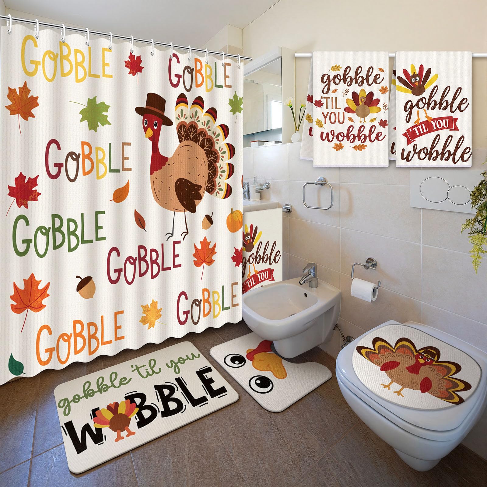 Nuanchu 6 Pcs Thanksgiving Shower Curtain Set with Rug Turkey Bathroom Sets