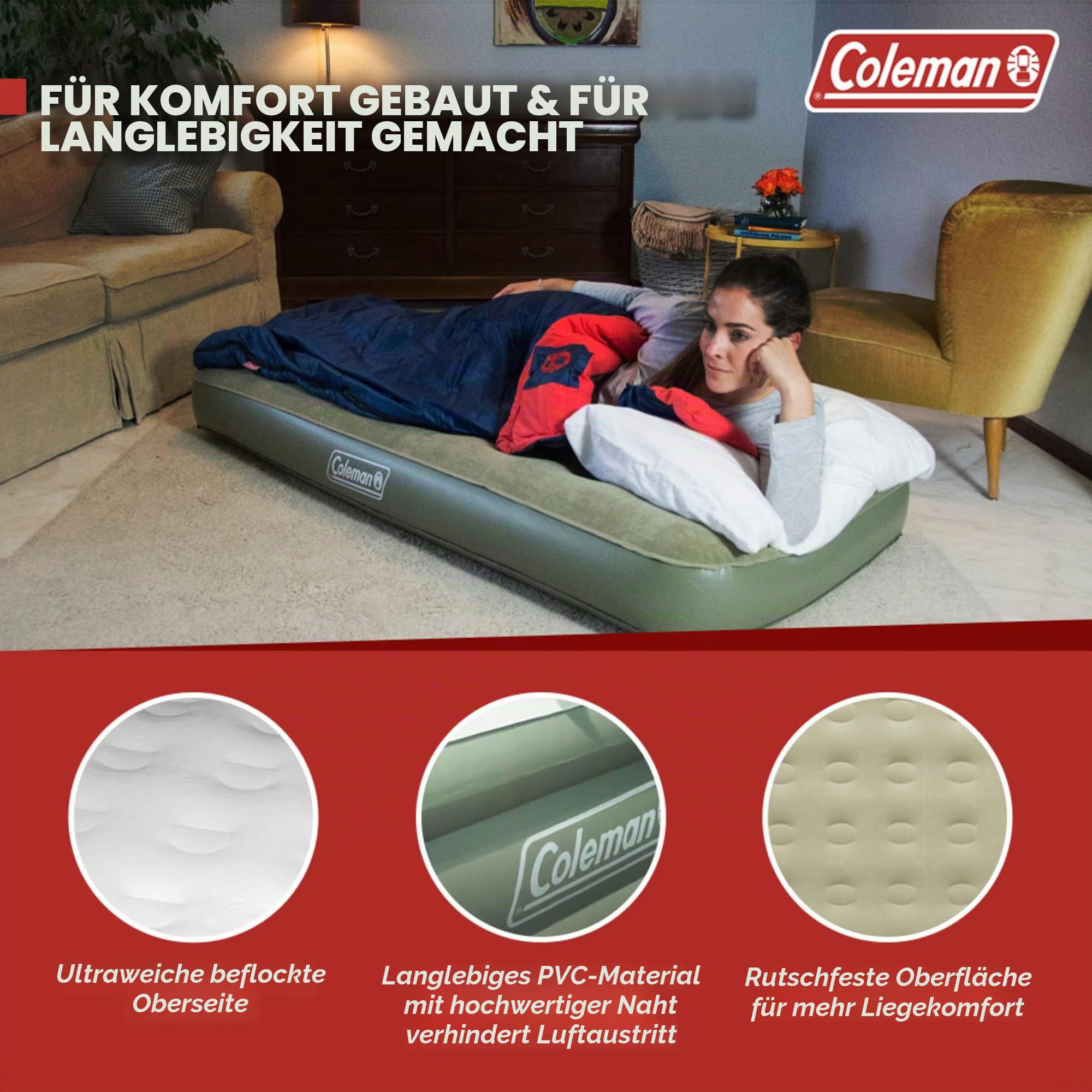 Coleman Luftbett Comfort Bed Single, Indoor/Outdoor Luftmatratze 1 Person, Velours Gästebett, Komfort Einzelbett, Campingbett für Wandern, Trekking, Festivals, 188 x 85 x 22 cm, max. 148 kg
