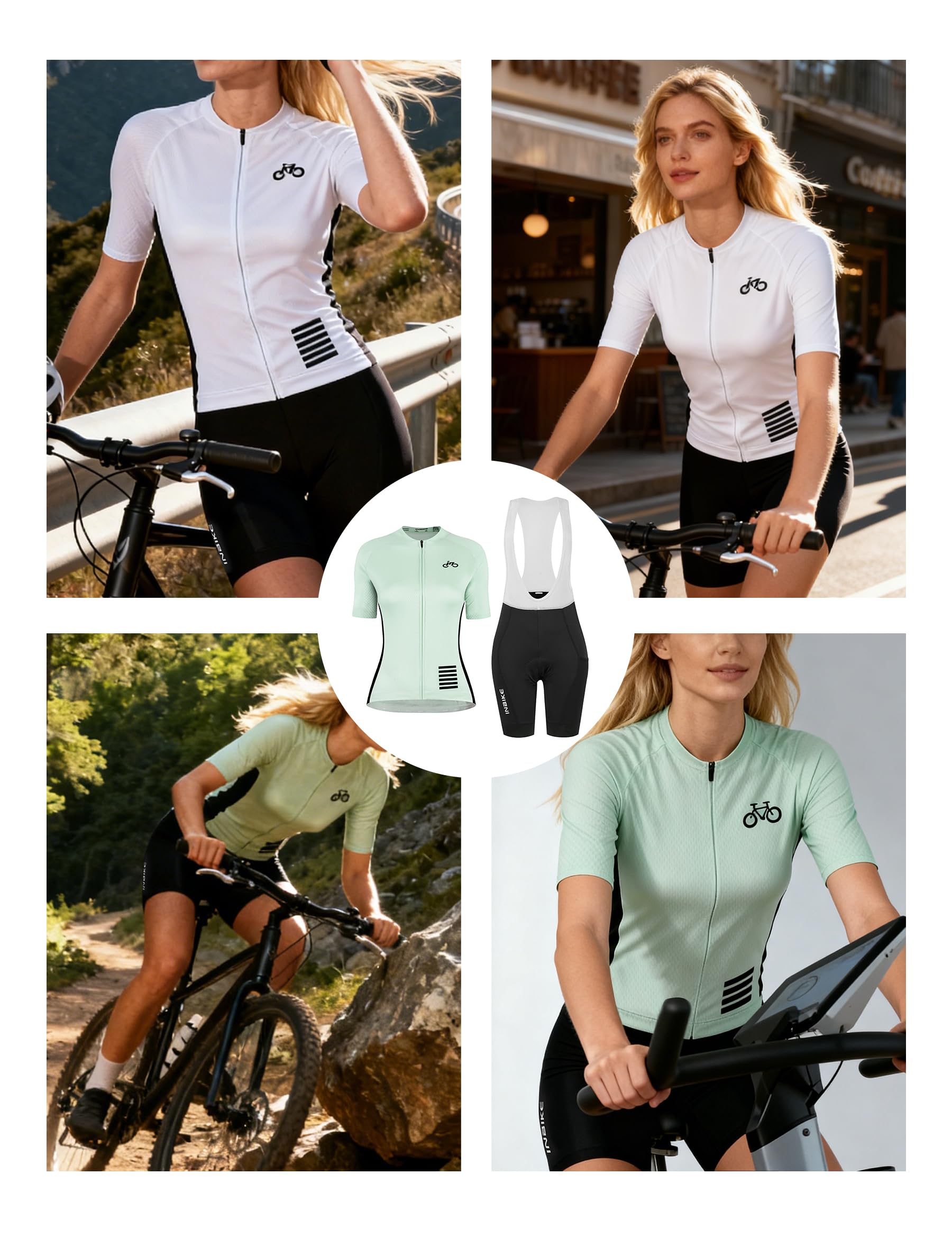 INBIKE Fahrradtrikot Set Damen Bib Shorts Gepolstert + Fahrradtrikot mit 3 Taschen Kurzarm Sommer Atmungsaktiv Schnelltrocknend Weich Hautfreundlich DM