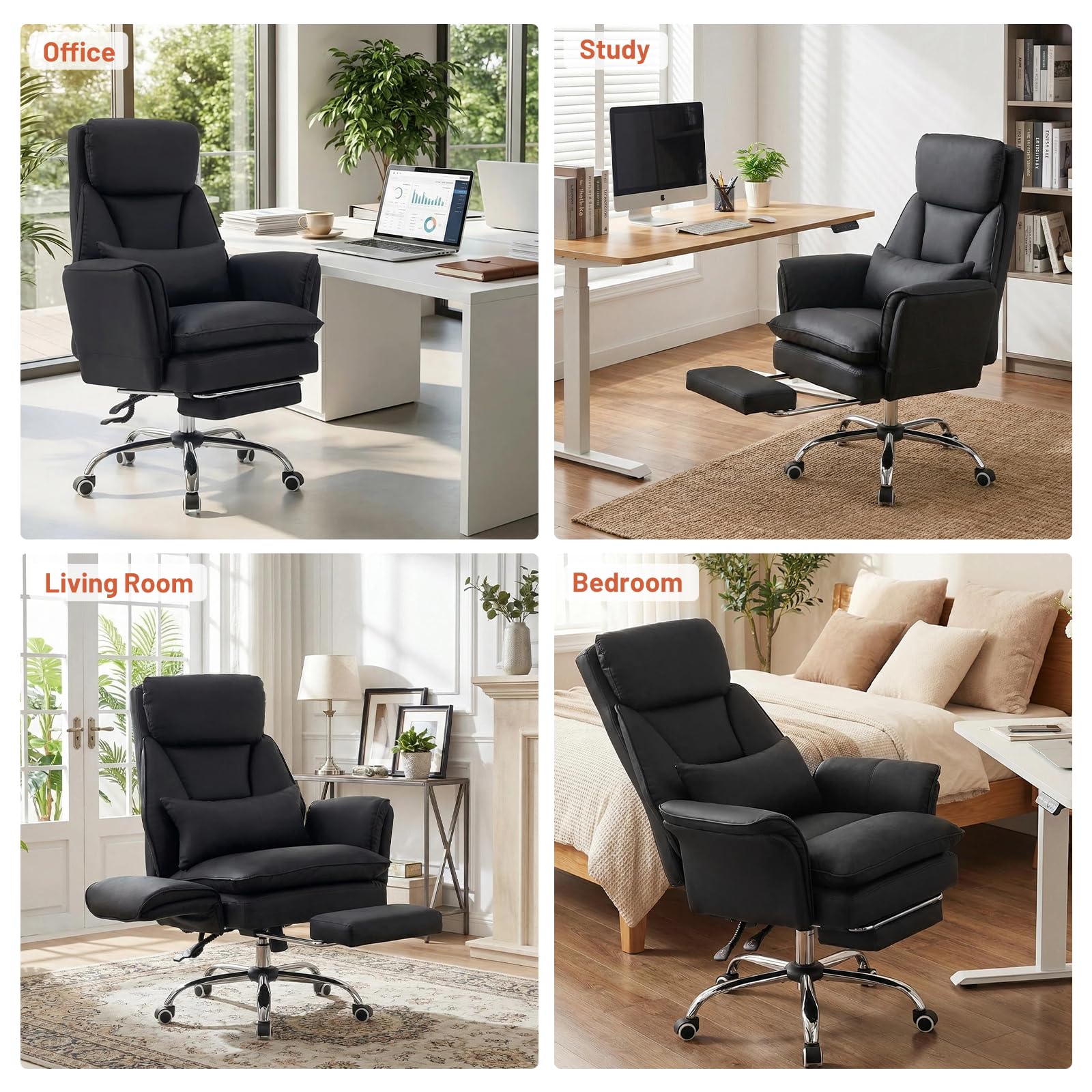Bürostuhl Chefsessel Ergonomisch, Gaming Stuhl mit 5-Stufig Verstellbare Armlehnen & Fußstütze, PU Leder Schreibtischstuhl mit 135° Verstellbarer Rückenlehne & Lendenwirbelstütze, Schwarz